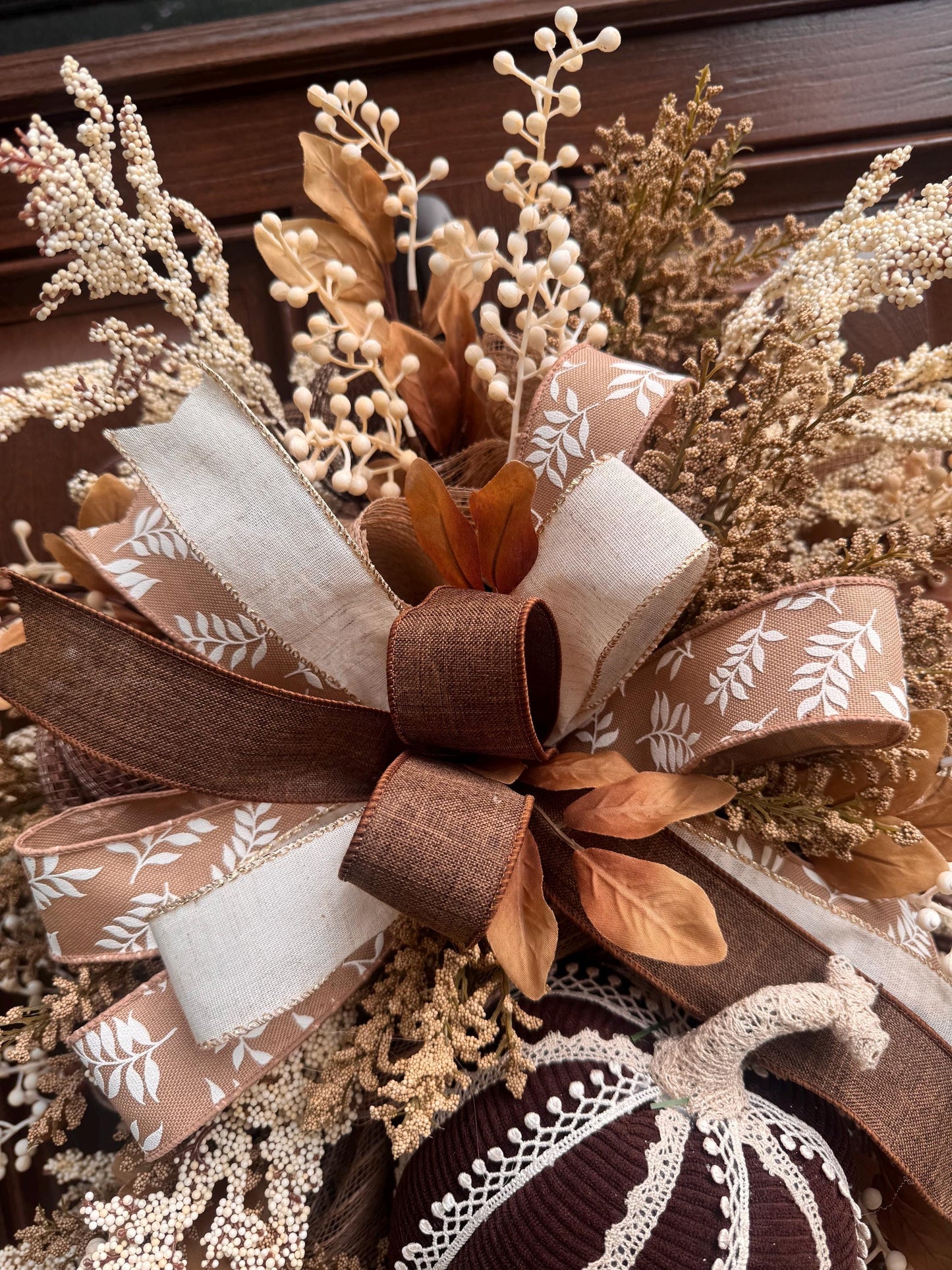 Handmade Corduroy Pumpkin Fall Swag for Front Door, Chocolate Brown Autumn Decor, Neutral Harvest Floral, Rustic Thanksgiving Decoration