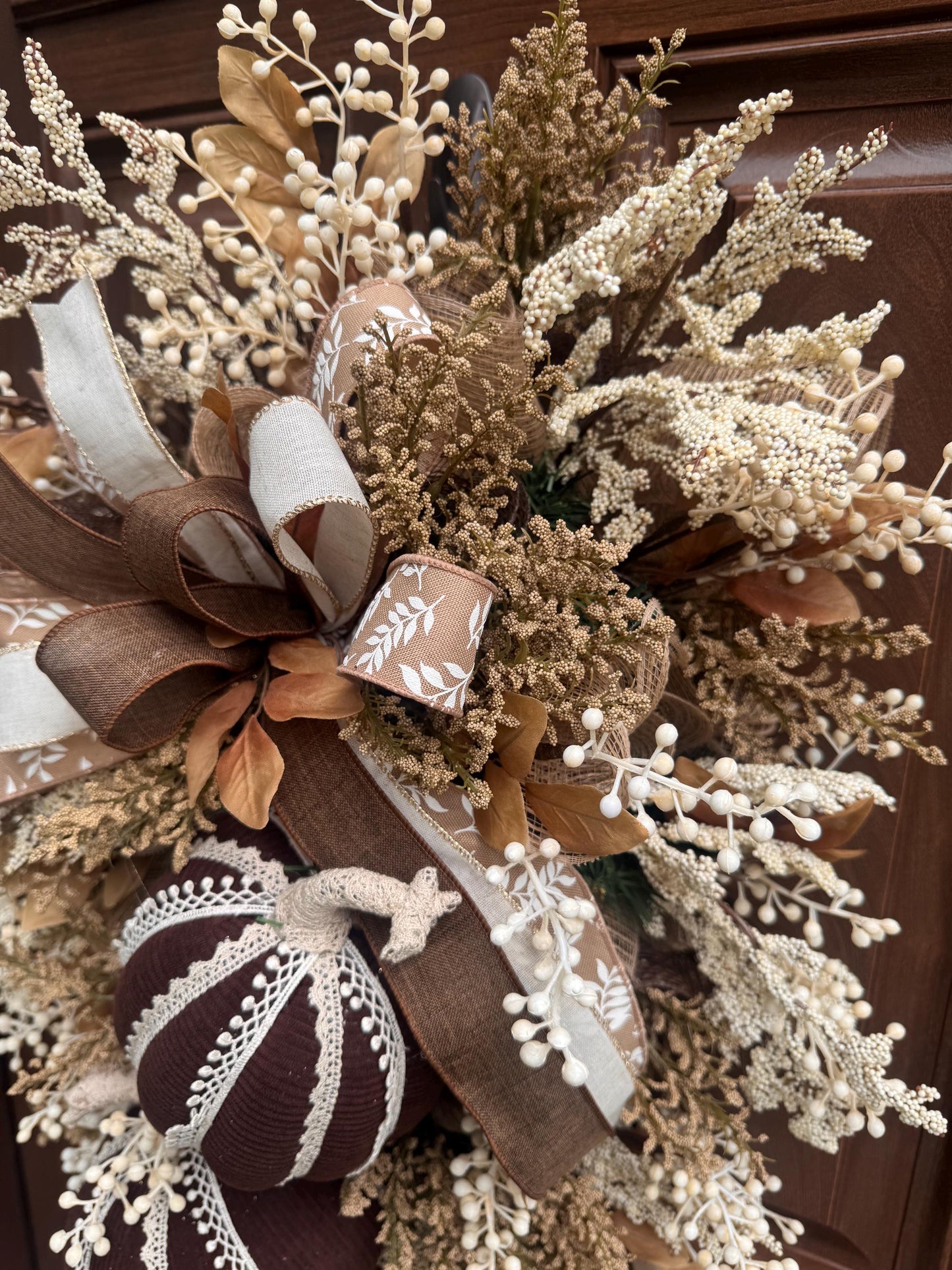 Handmade Corduroy Pumpkin Fall Swag for Front Door, Chocolate Brown Autumn Decor, Neutral Harvest Floral, Rustic Thanksgiving Decoration