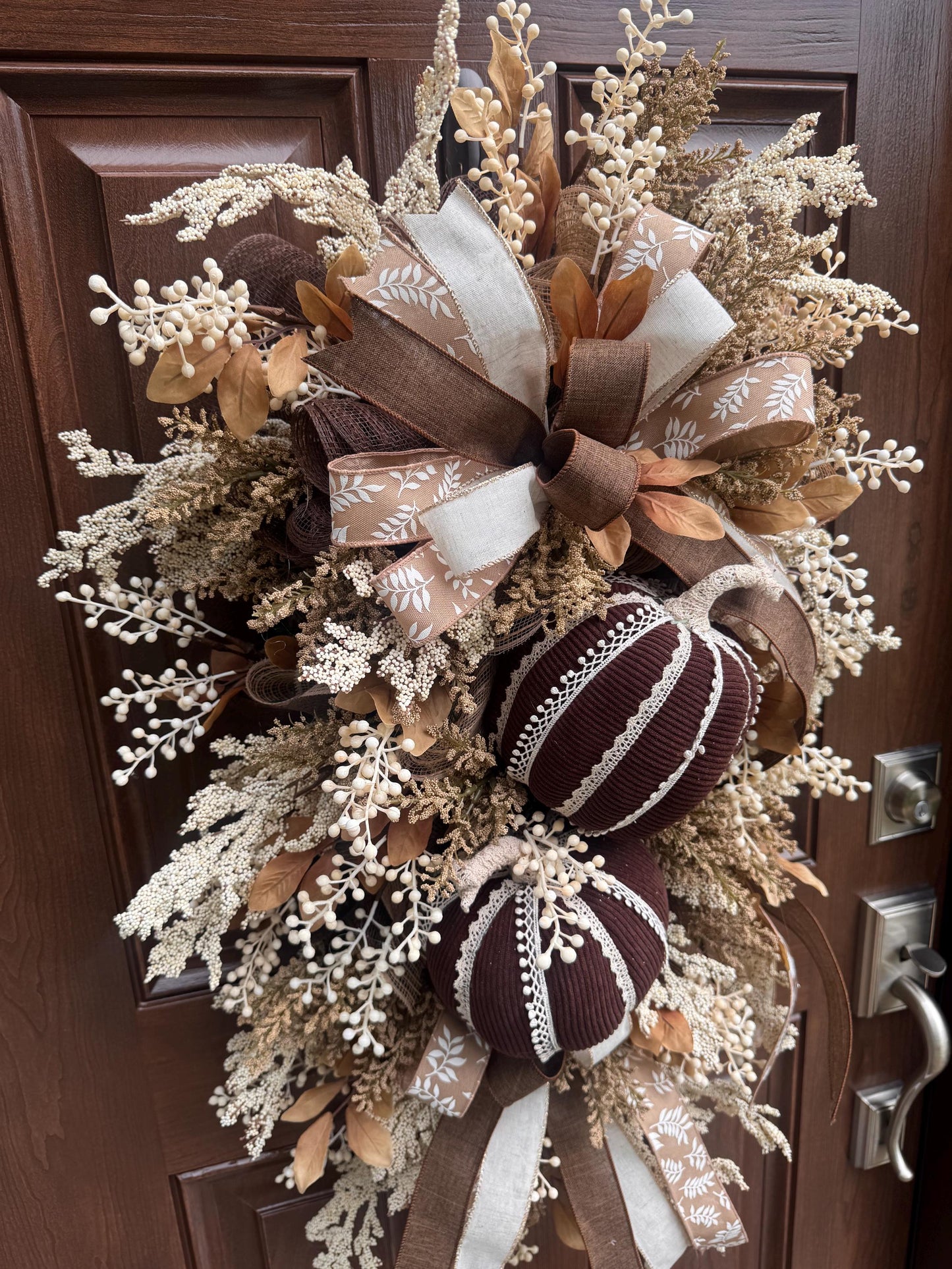 Handmade Corduroy Pumpkin Fall Swag for Front Door, Chocolate Brown Autumn Decor, Neutral Harvest Floral, Rustic Thanksgiving Decoration