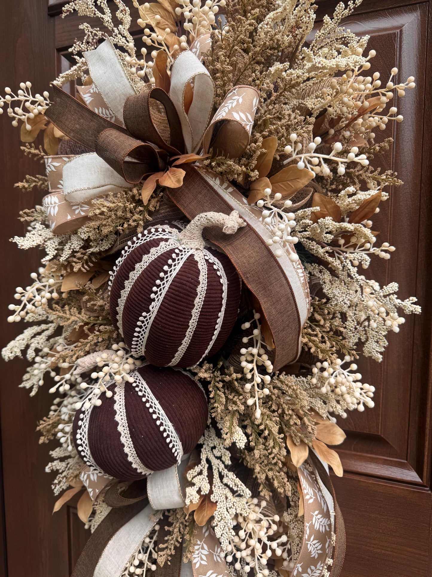 Handmade Corduroy Pumpkin Fall Swag for Front Door, Chocolate Brown Autumn Decor, Neutral Harvest Floral, Rustic Thanksgiving Decoration