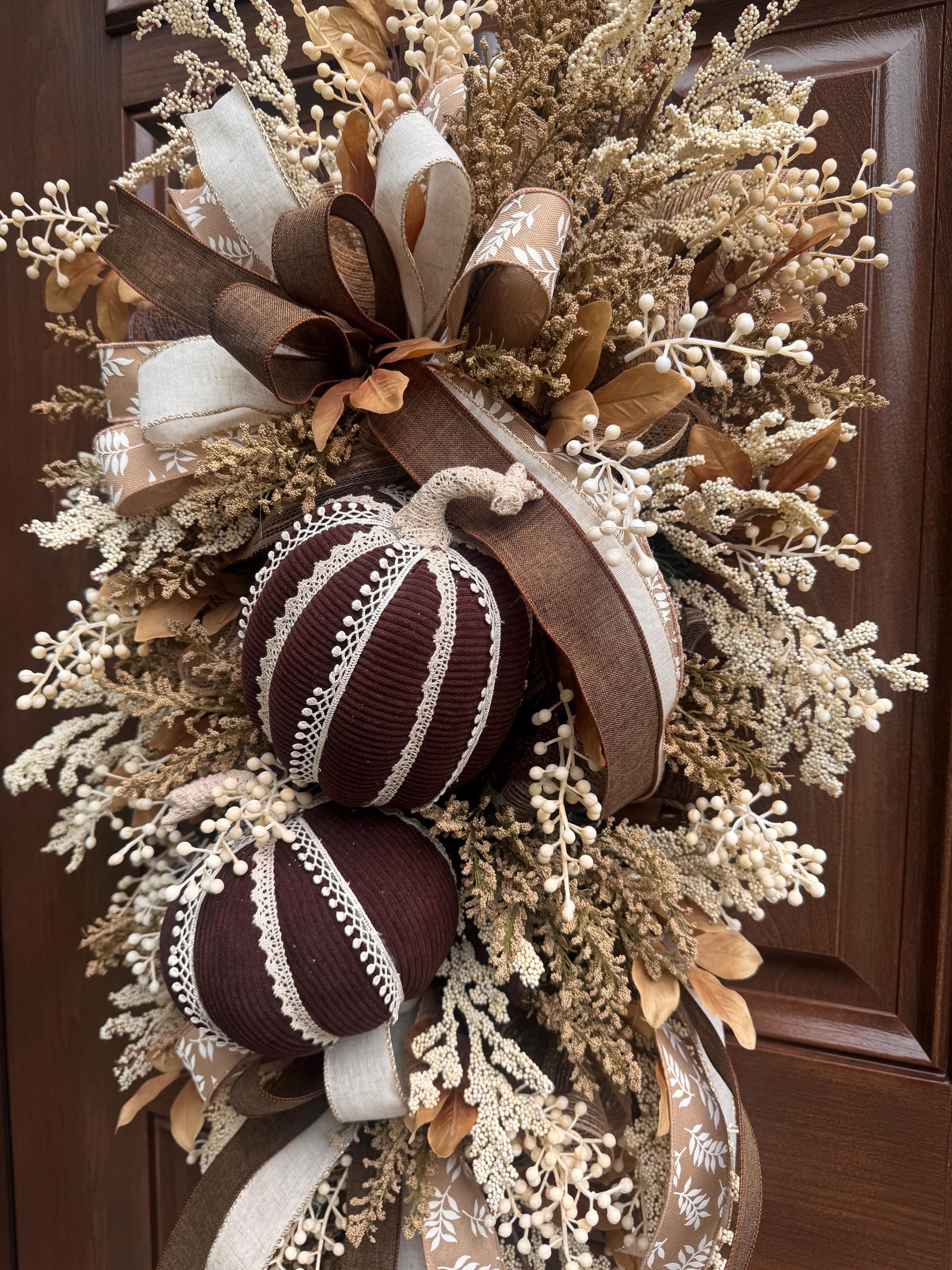 Handmade Corduroy Pumpkin Fall Swag for Front Door, Chocolate Brown Autumn Decor, Neutral Harvest Floral, Rustic Thanksgiving Decoration