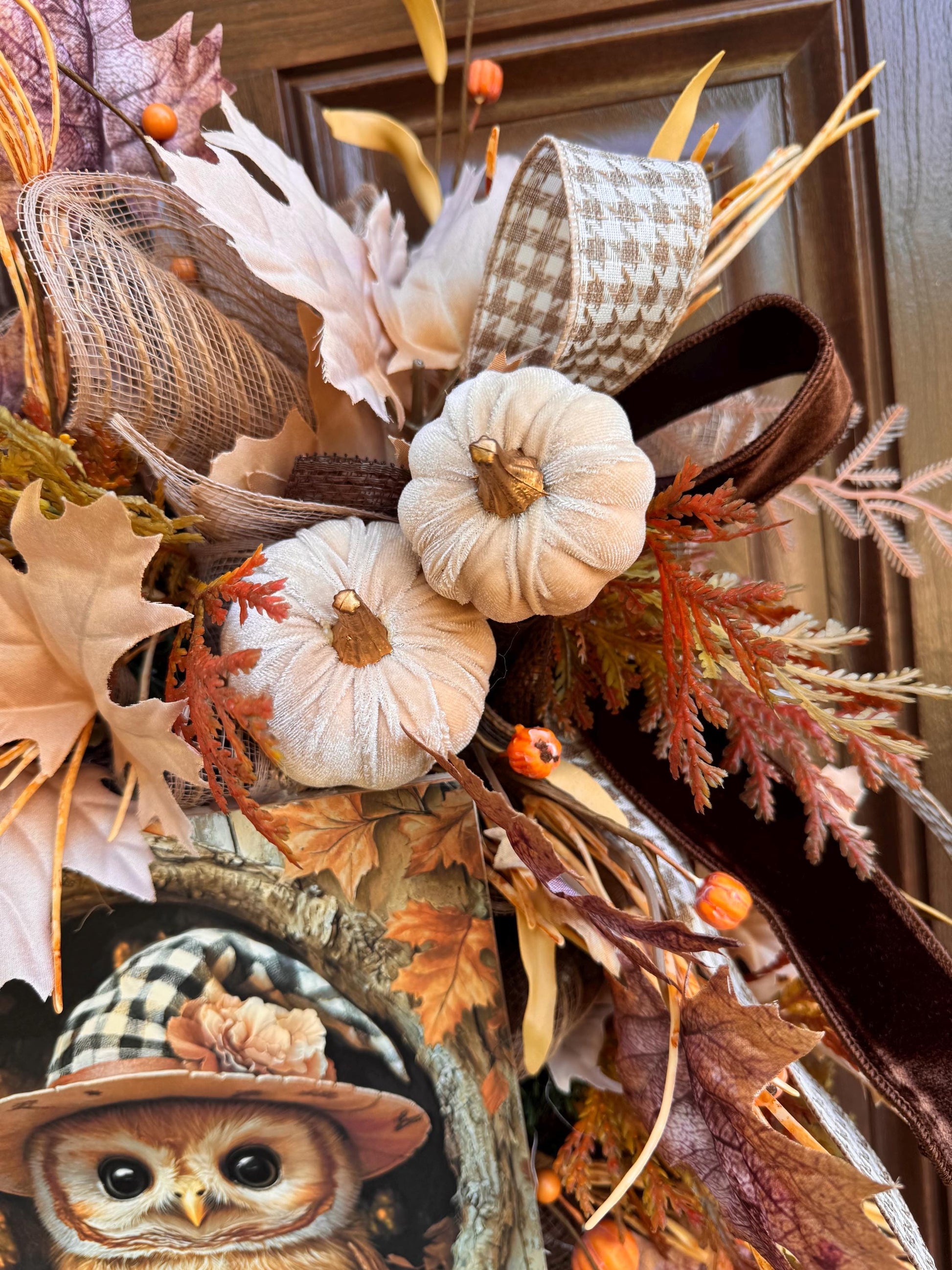 Fall Owl Wreath for Front Door, Neutral Autumn Pumpkin Wreath for Outdoor Porch, Woodland Owl Decor, Rustic Fall Door Hanger