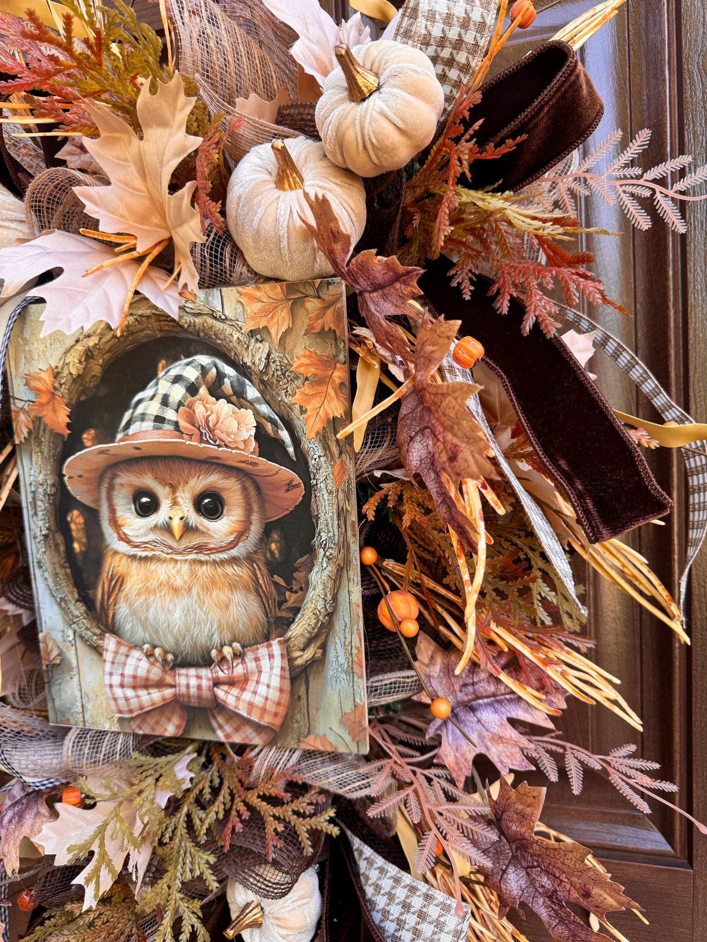 Fall Owl Wreath for Front Door, Neutral Autumn Pumpkin Wreath for Outdoor Porch, Woodland Owl Decor, Rustic Fall Door Hanger