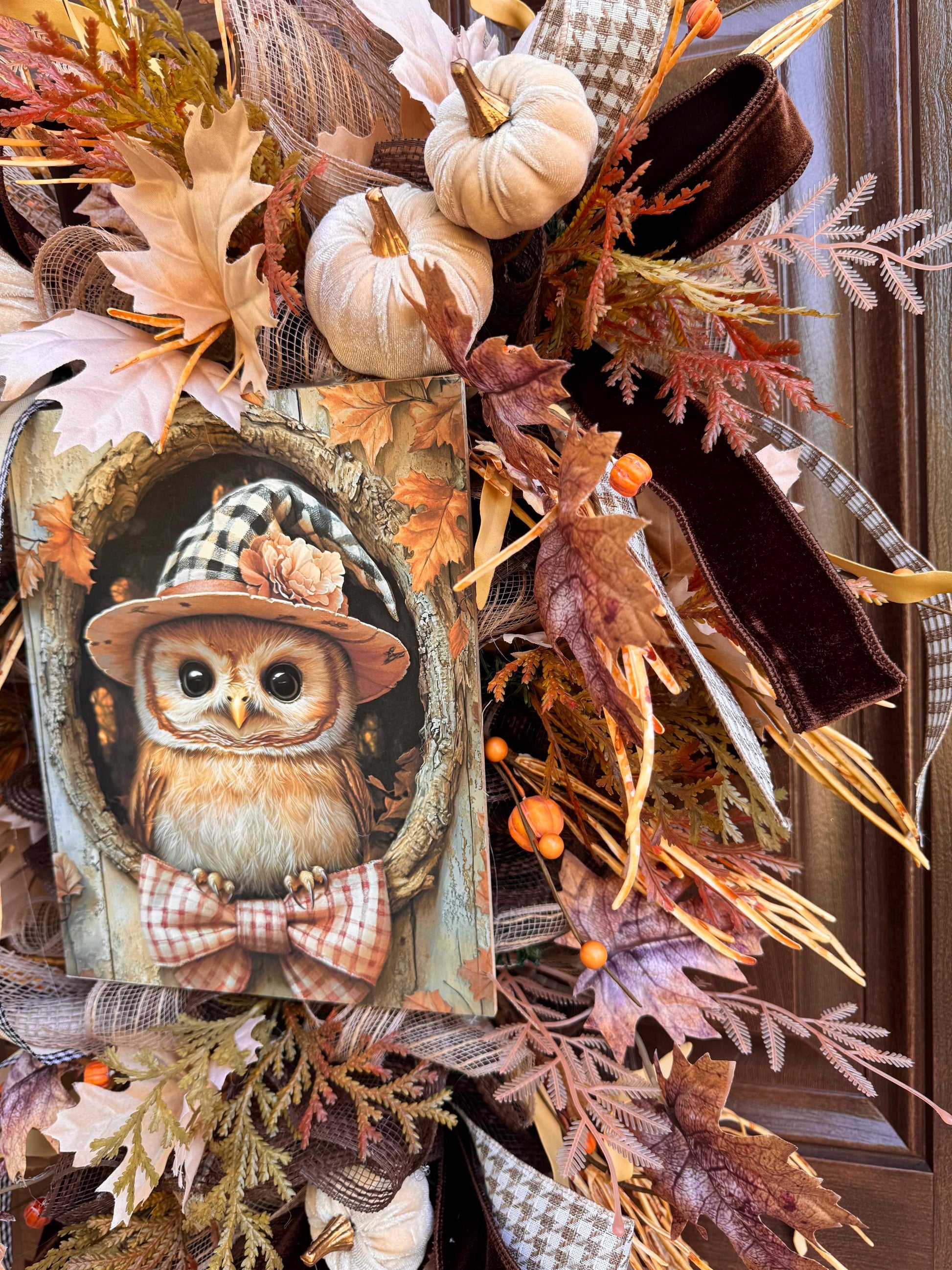 Fall Owl Wreath for Front Door, Neutral Autumn Pumpkin Wreath for Outdoor Porch, Woodland Owl Decor, Rustic Fall Door Hanger