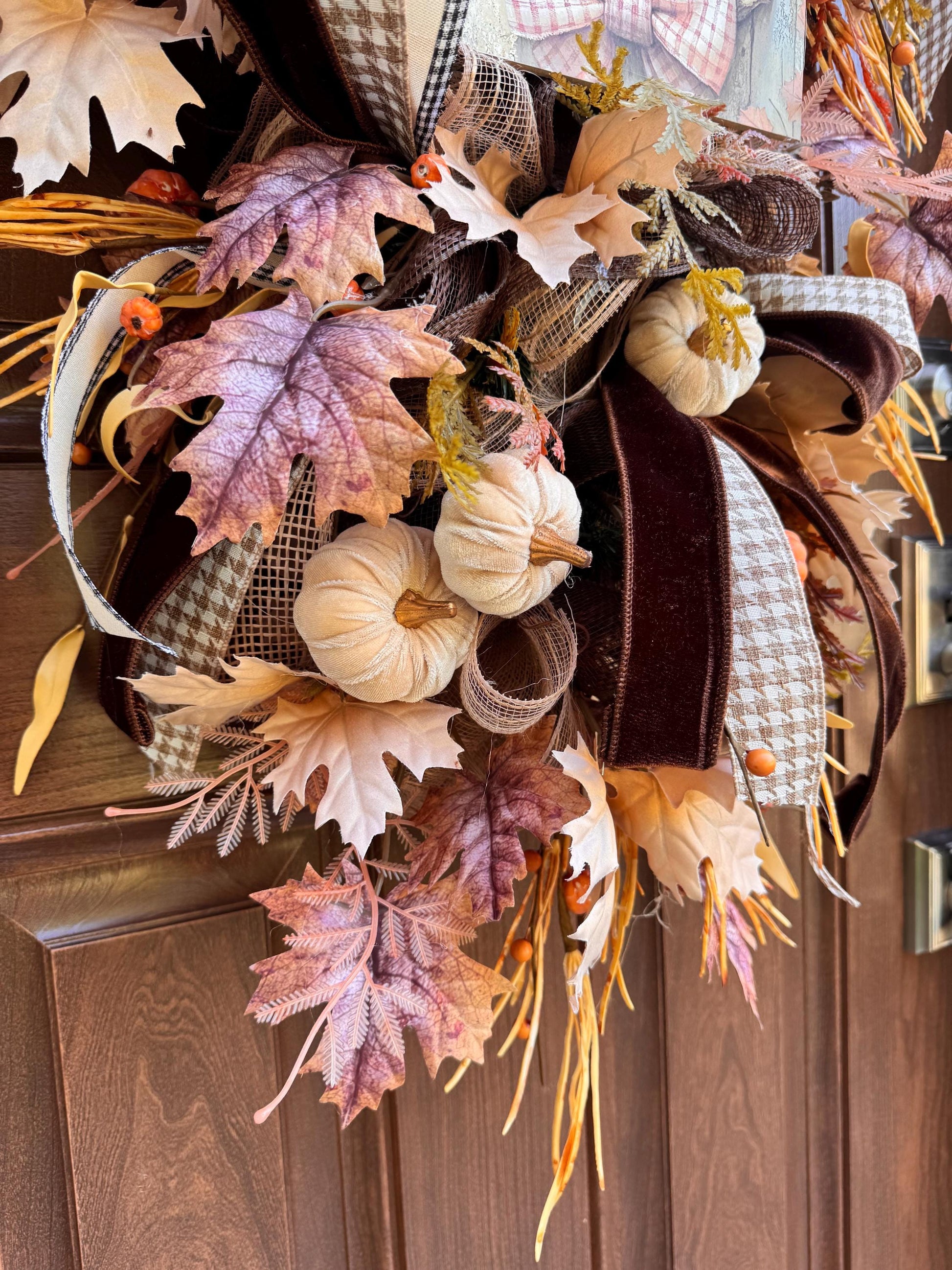 Fall Owl Wreath for Front Door, Neutral Autumn Pumpkin Wreath for Outdoor Porch, Woodland Owl Decor, Rustic Fall Door Hanger