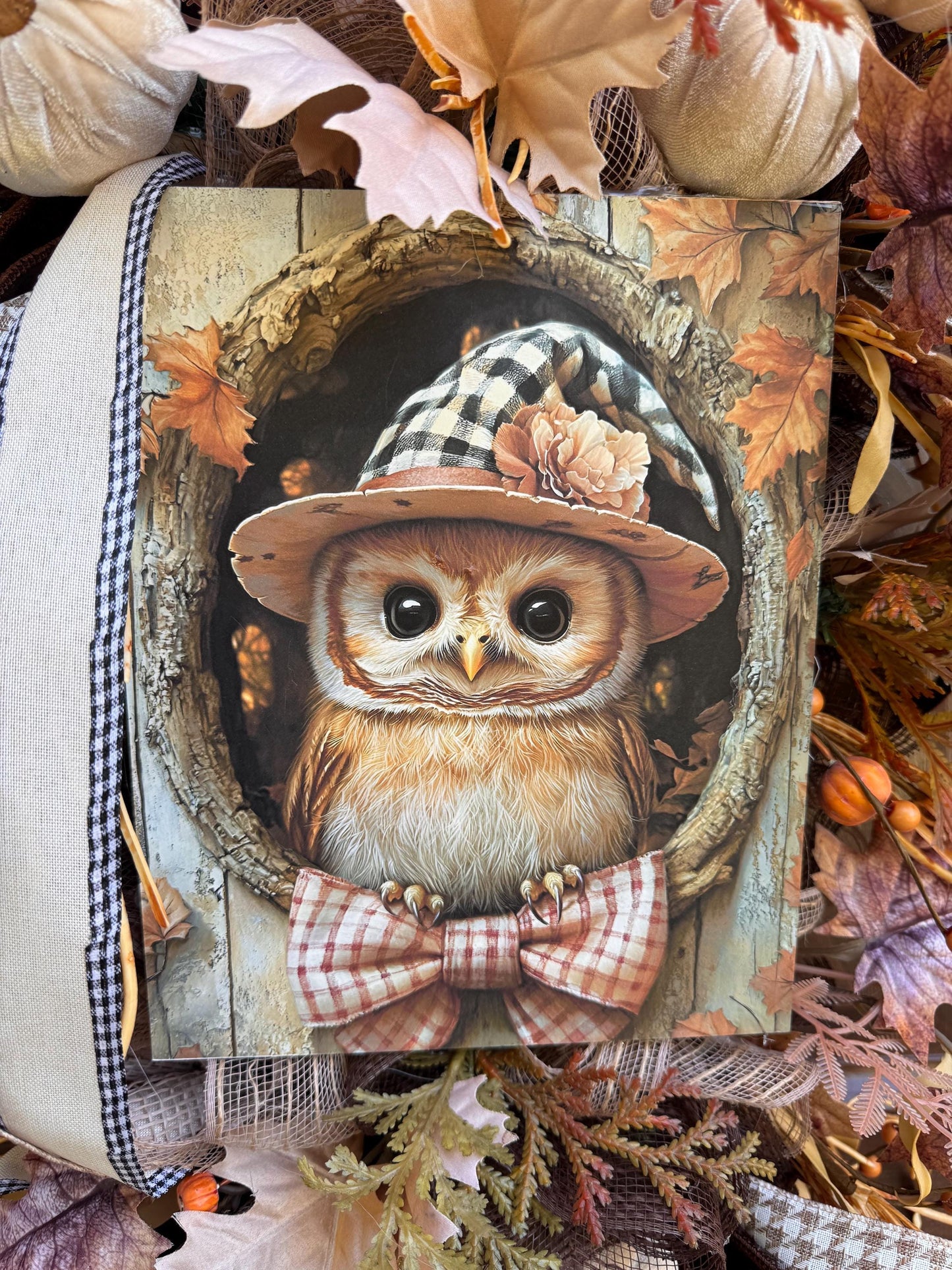 Fall Owl Wreath for Front Door, Neutral Autumn Pumpkin Wreath for Outdoor Porch, Woodland Owl Decor, Rustic Fall Door Hanger