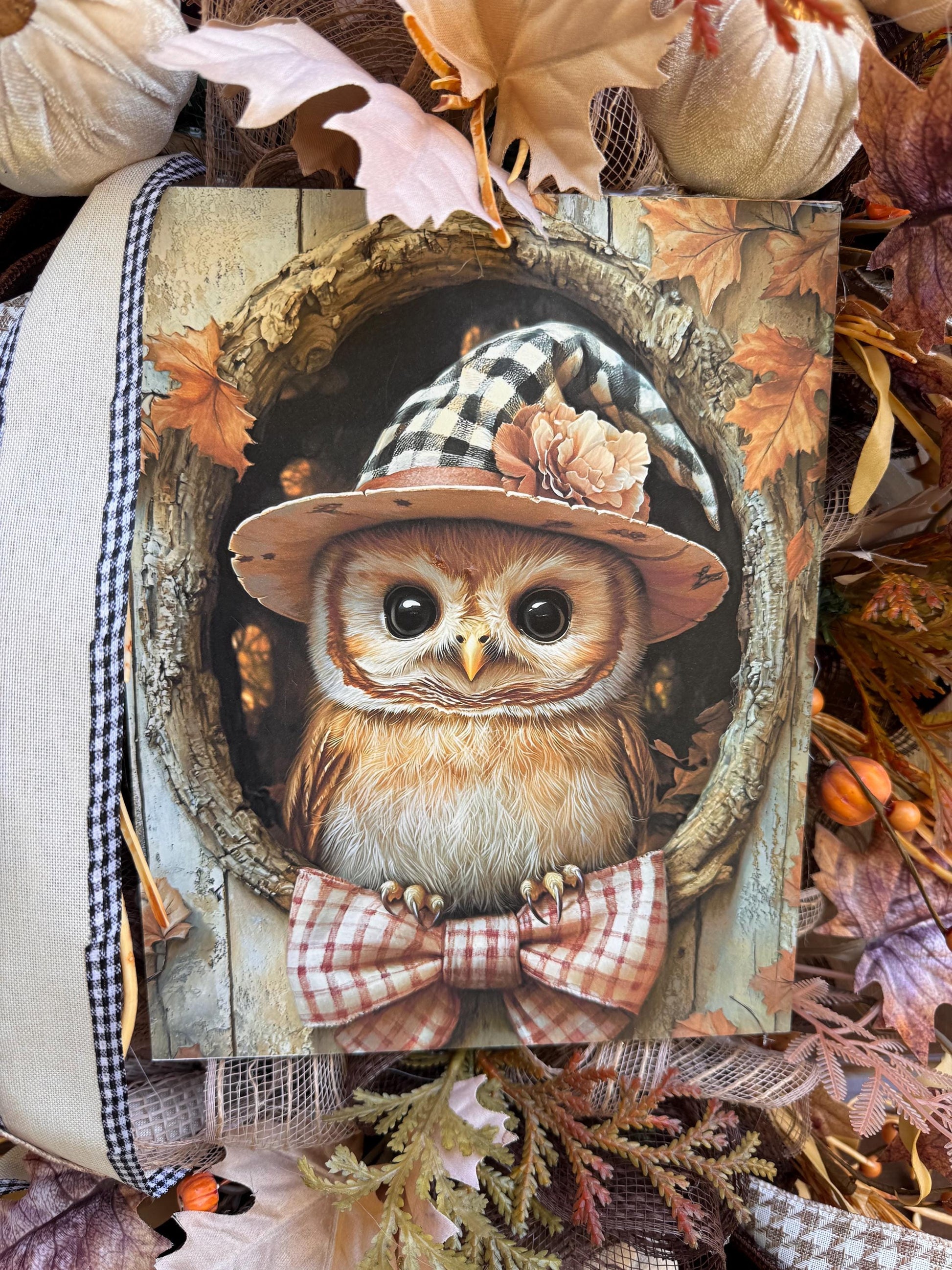 Fall Owl Wreath for Front Door, Neutral Autumn Pumpkin Wreath for Outdoor Porch, Woodland Owl Decor, Rustic Fall Door Hanger