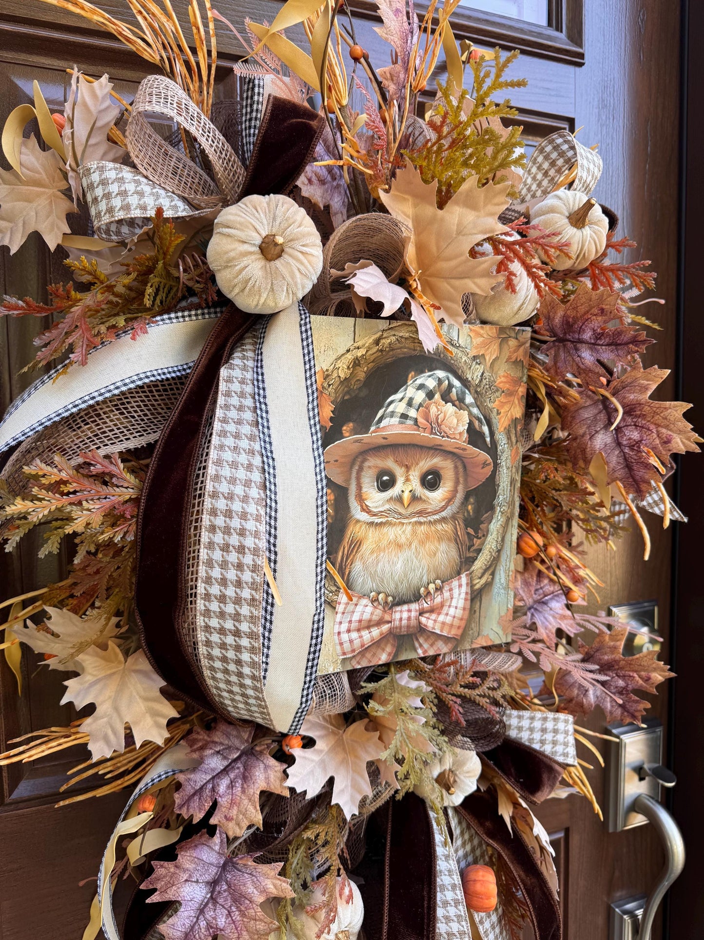 Fall Owl Wreath for Front Door, Neutral Autumn Pumpkin Wreath for Outdoor Porch, Woodland Owl Decor, Rustic Fall Door Hanger