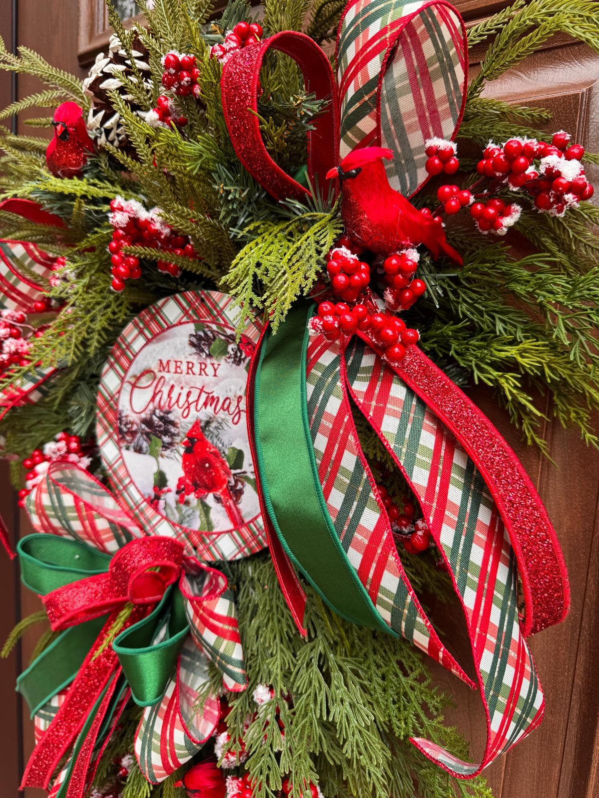 Christmas Swag Wreath, Cardinal Christmas Door Swag, Tartan Plaid Holiday Wreath, Evergreen Front Door Decor