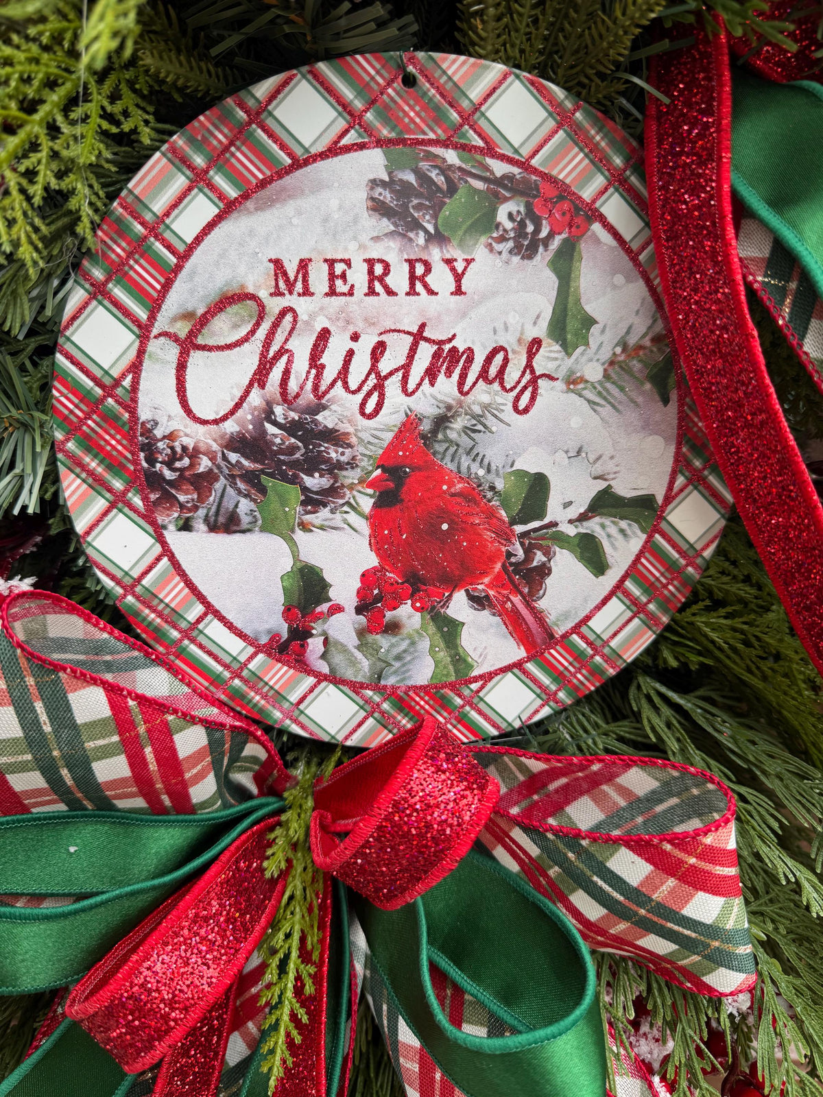 Christmas Swag Wreath, Cardinal Christmas Door Swag, Tartan Plaid Holiday Wreath, Evergreen Front Door Decor