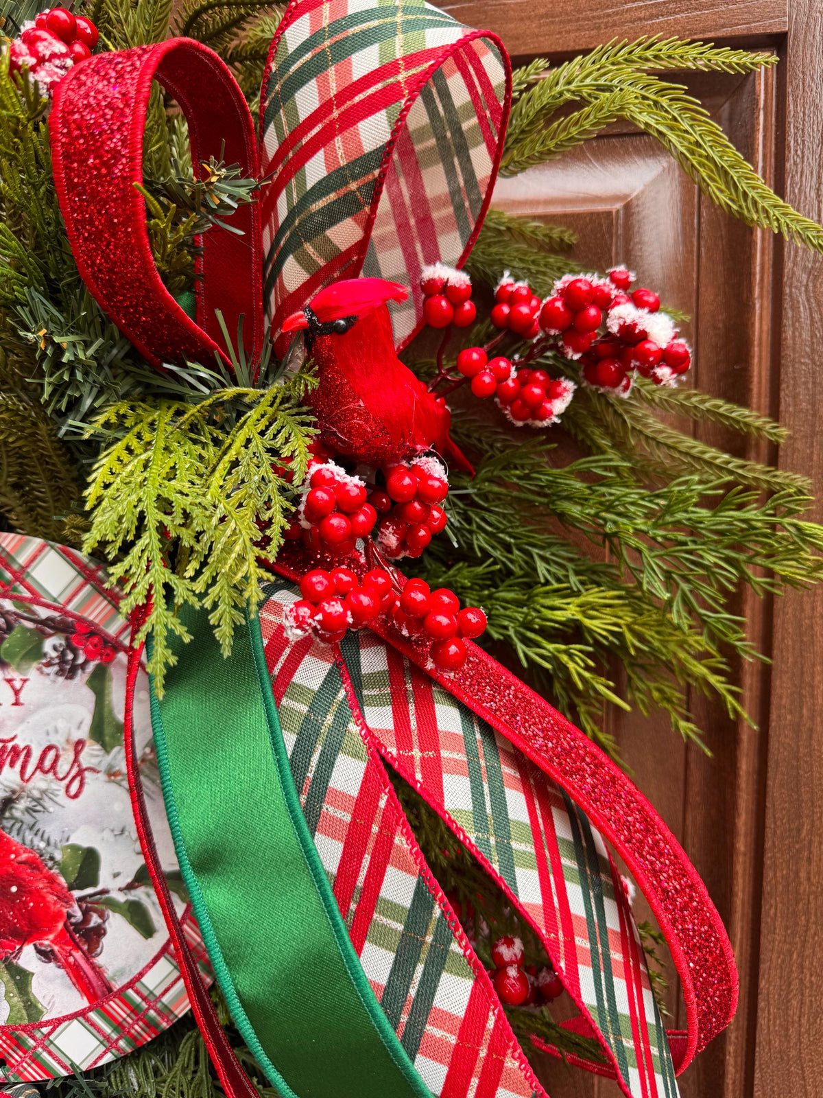 Christmas Swag Wreath, Cardinal Christmas Door Swag, Tartan Plaid Holiday Wreath, Evergreen Front Door Decor