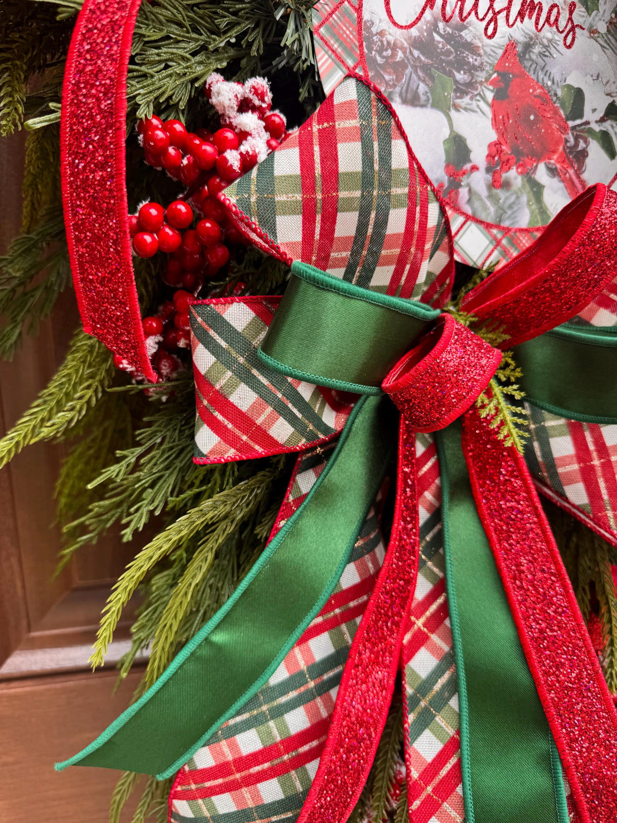 Christmas Swag Wreath, Cardinal Christmas Door Swag, Tartan Plaid Holiday Wreath, Evergreen Front Door Decor