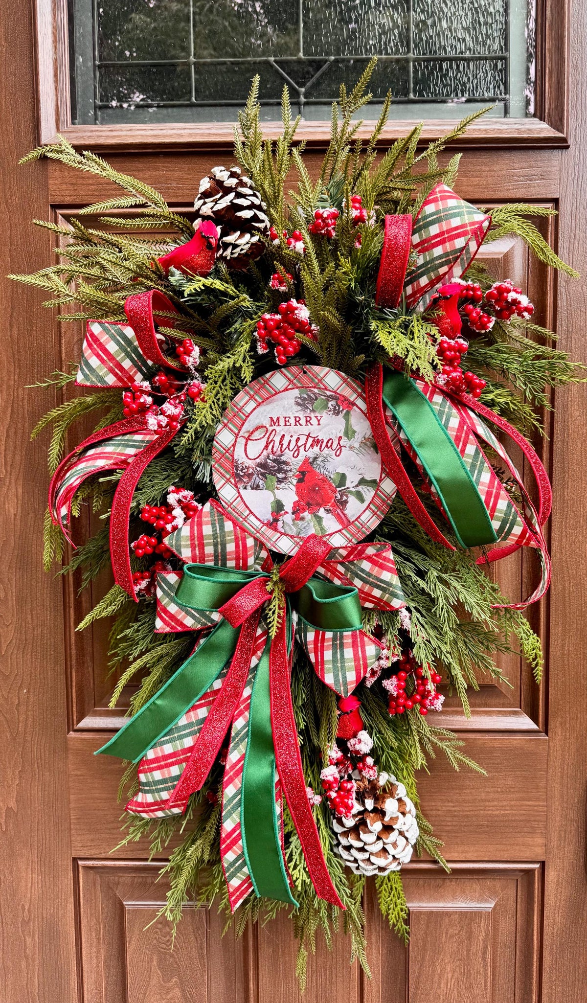 Christmas Swag Wreath, Cardinal Christmas Door Swag, Tartan Plaid Holiday Wreath, Evergreen Front Door Decor