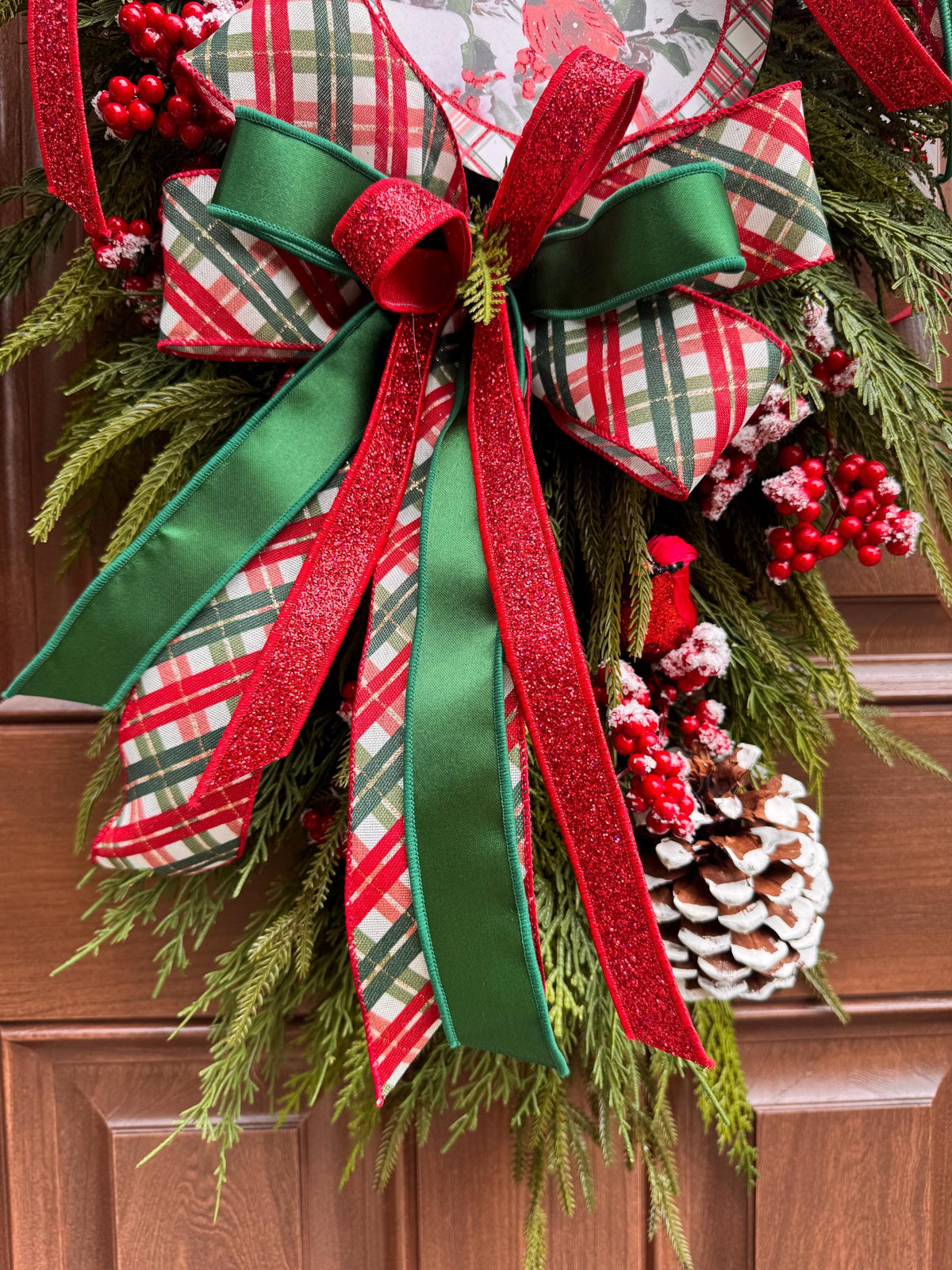 Christmas Swag Wreath, Cardinal Christmas Door Swag, Tartan Plaid Holiday Wreath, Evergreen Front Door Decor