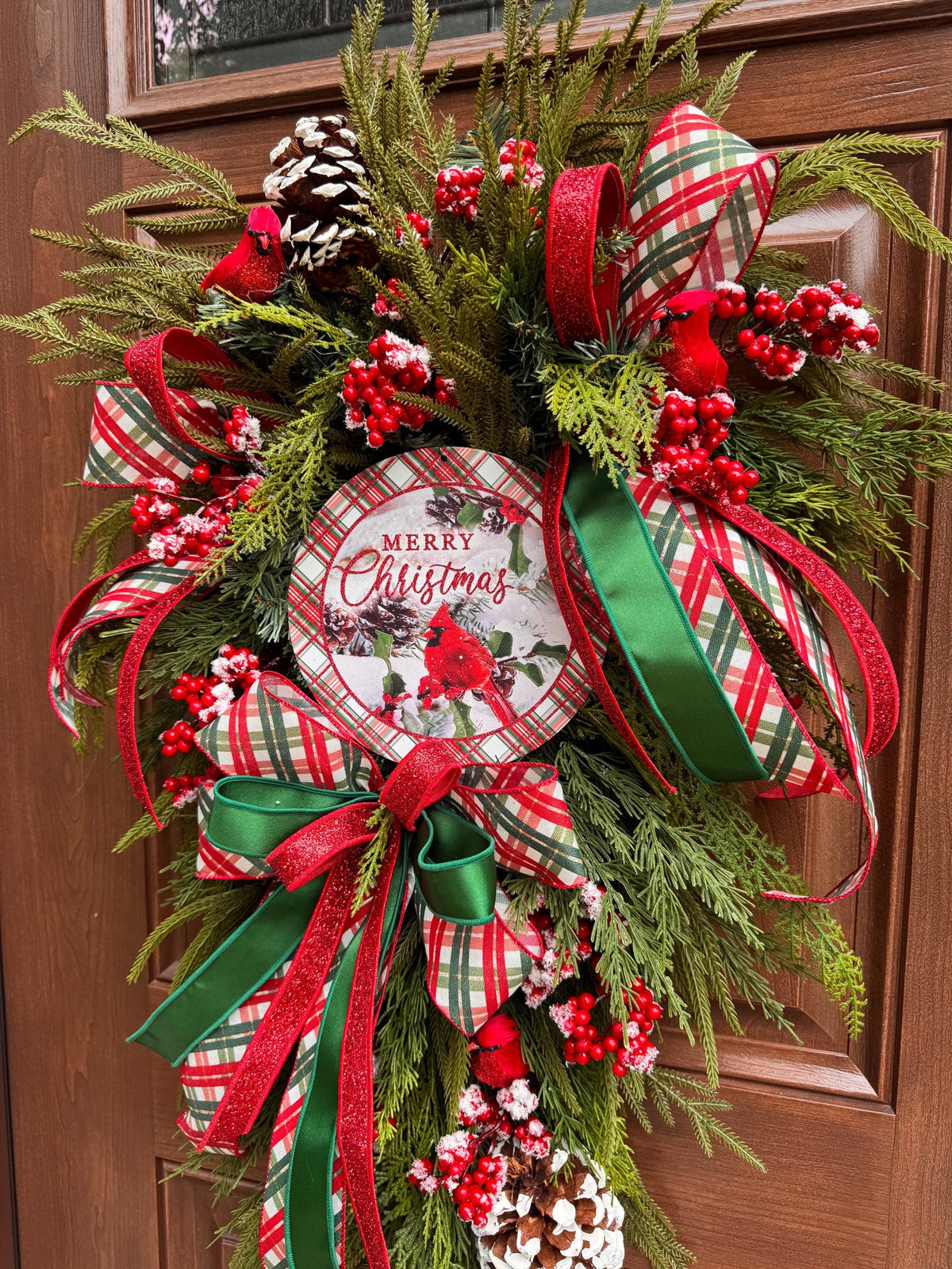 Christmas Swag Wreath, Cardinal Christmas Door Swag, Tartan Plaid Holiday Wreath, Evergreen Front Door Decor