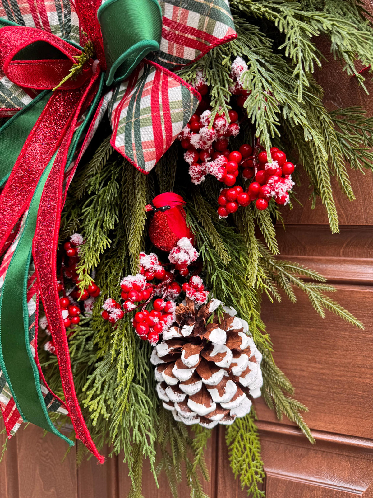 Christmas Swag Wreath, Cardinal Christmas Door Swag, Tartan Plaid Holiday Wreath, Evergreen Front Door Decor