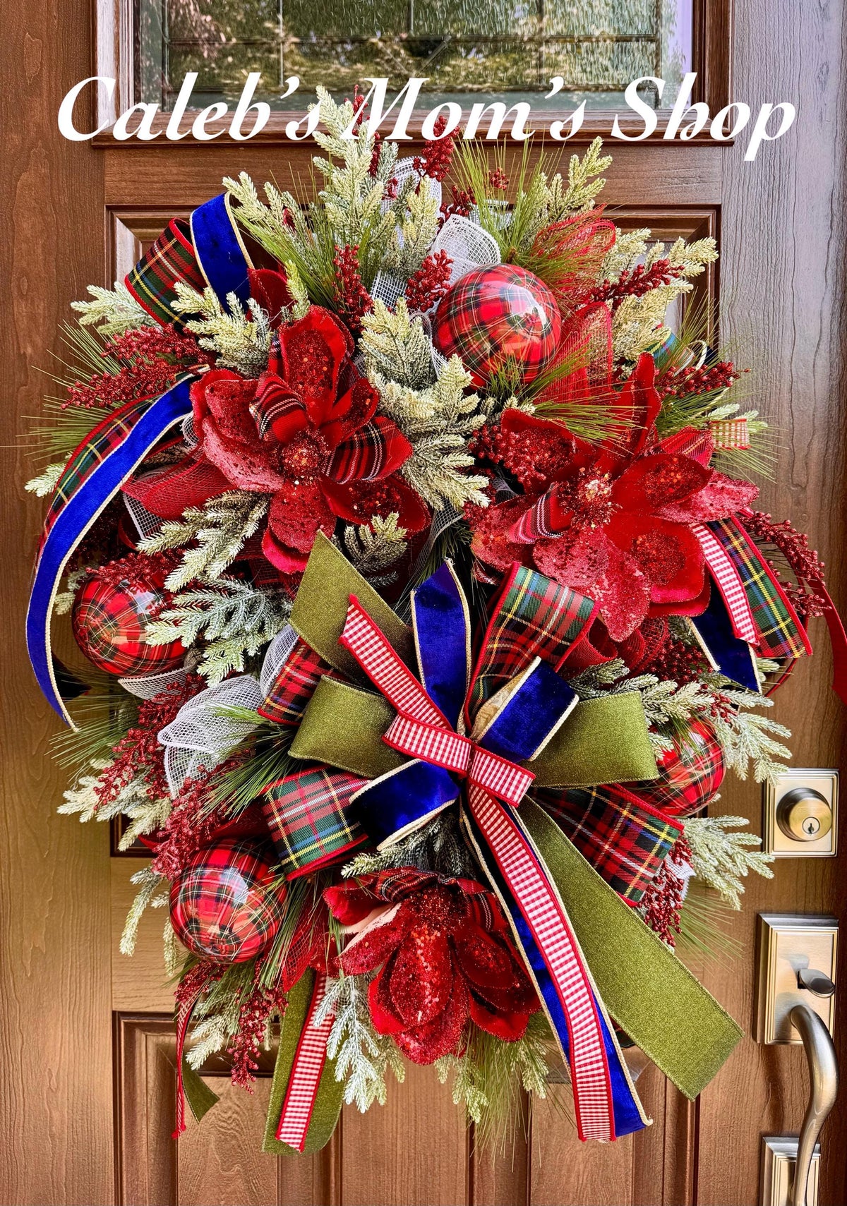 Traditional Tartan Christmas Wreath, Red Plaid Holiday Door Decor, Elegant Poinsettia Wreath, Classic Christmas Front Door