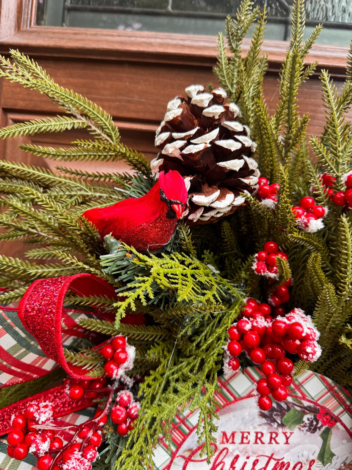 Christmas Swag Wreath, Cardinal Christmas Door Swag, Tartan Plaid Holiday Wreath, Evergreen Front Door Decor