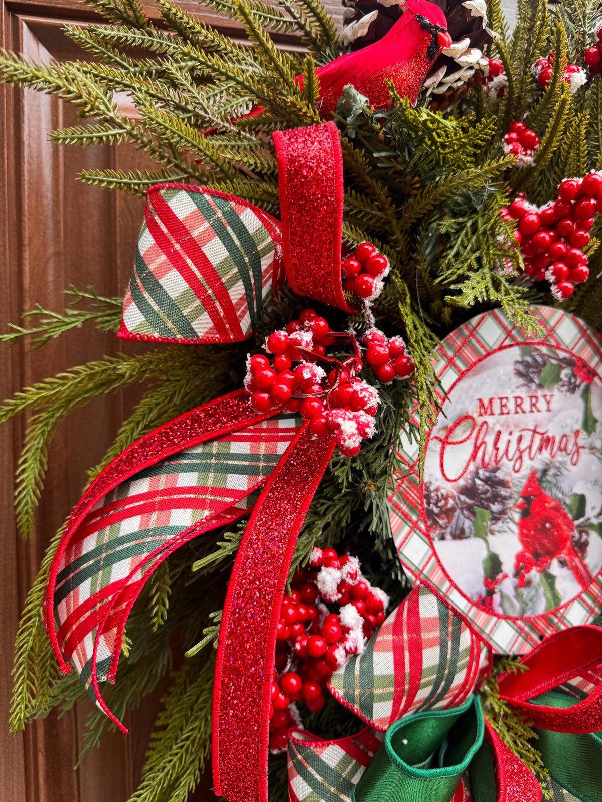 Christmas Swag Wreath, Cardinal Christmas Door Swag, Tartan Plaid Holiday Wreath, Evergreen Front Door Decor