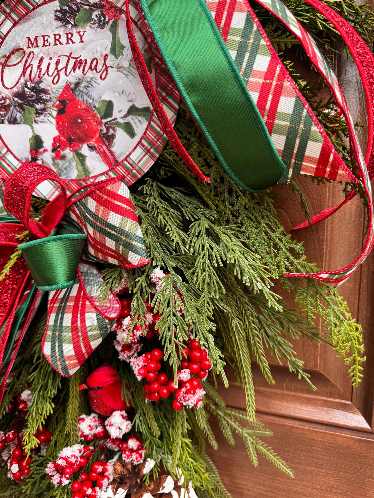 Christmas Swag Wreath, Cardinal Christmas Door Swag, Tartan Plaid Holiday Wreath, Evergreen Front Door Decor