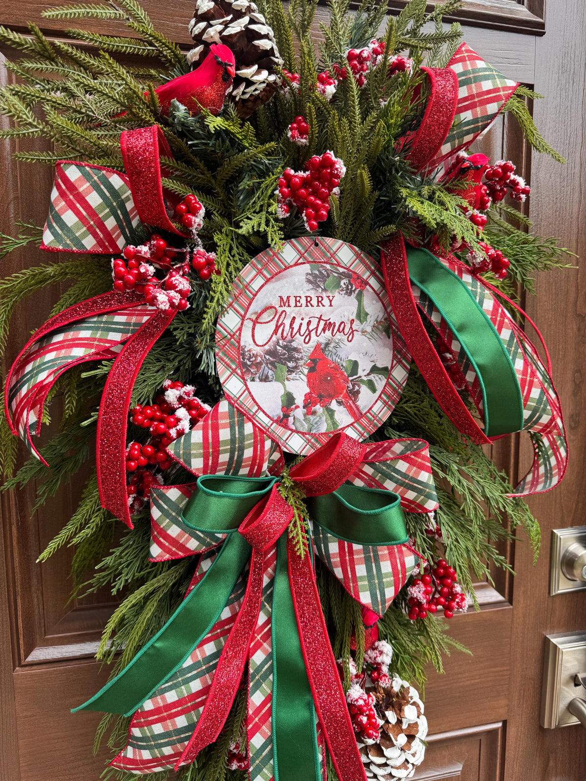 Christmas Swag Wreath, Cardinal Christmas Door Swag, Tartan Plaid Holiday Wreath, Evergreen Front Door Decor