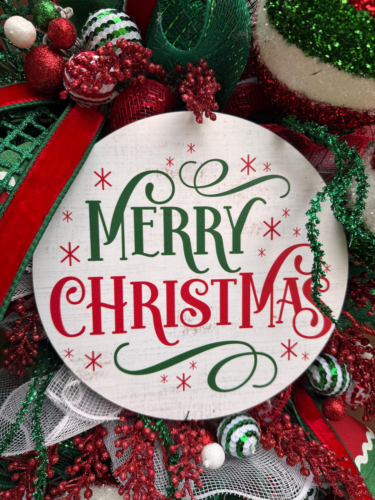 Whimsical Christmas Wreath, Red Green White Ornament Wreath, Merry Christmas Front Door Wreath, Large Holiday Wreath