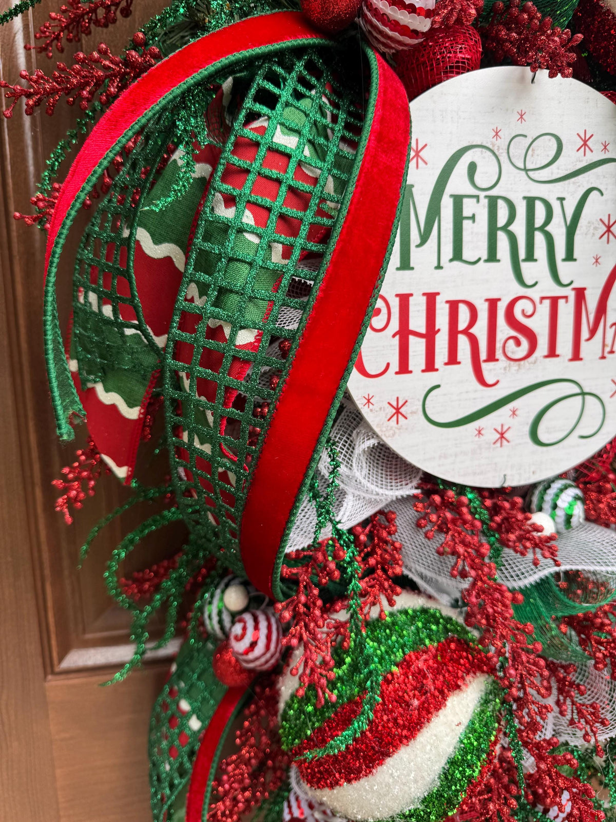 Whimsical Christmas Wreath, Red Green White Ornament Wreath, Merry Christmas Front Door Wreath, Large Holiday Wreath