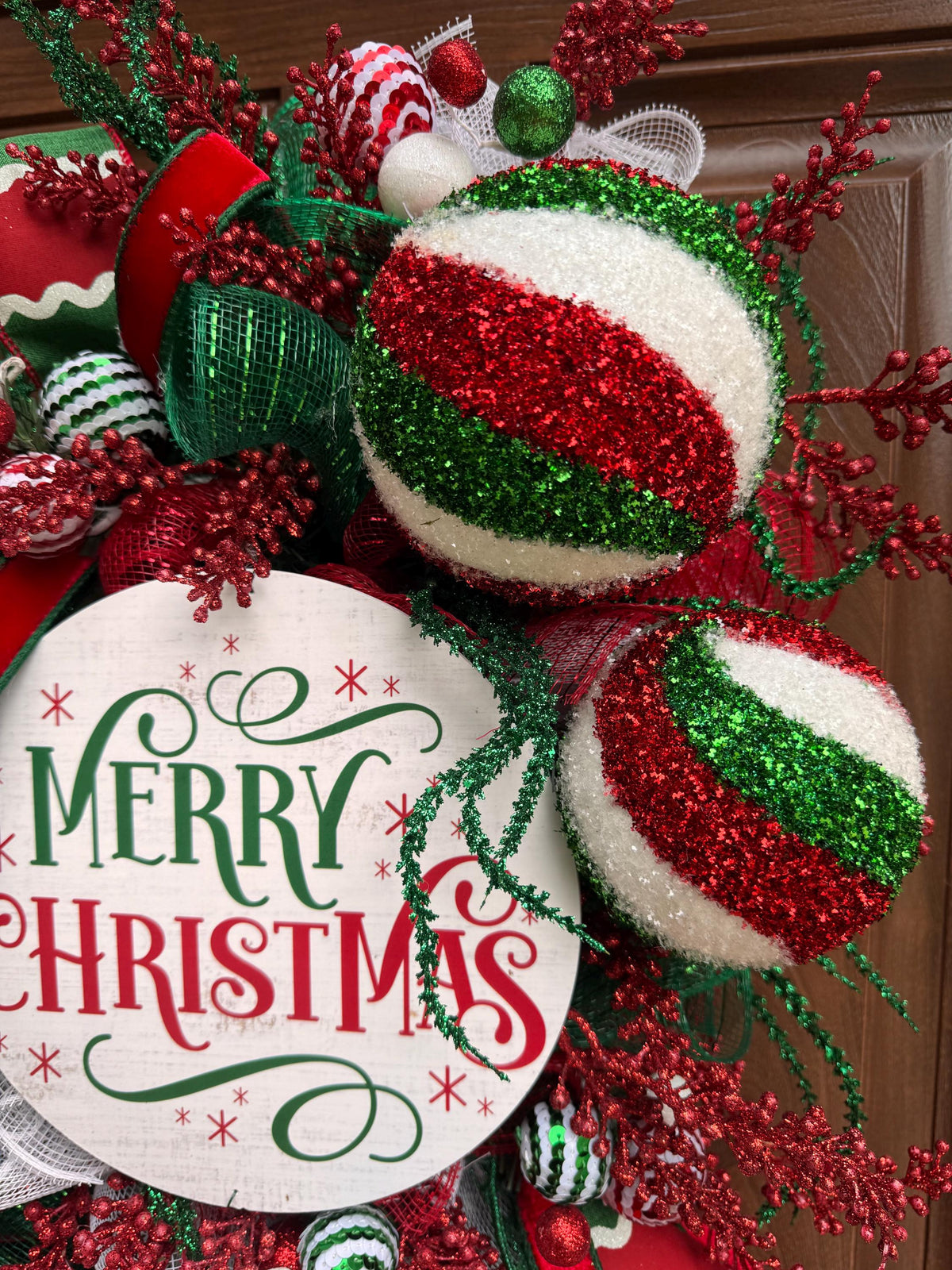 Whimsical Christmas Wreath, Red Green White Ornament Wreath, Merry Christmas Front Door Wreath, Large Holiday Wreath