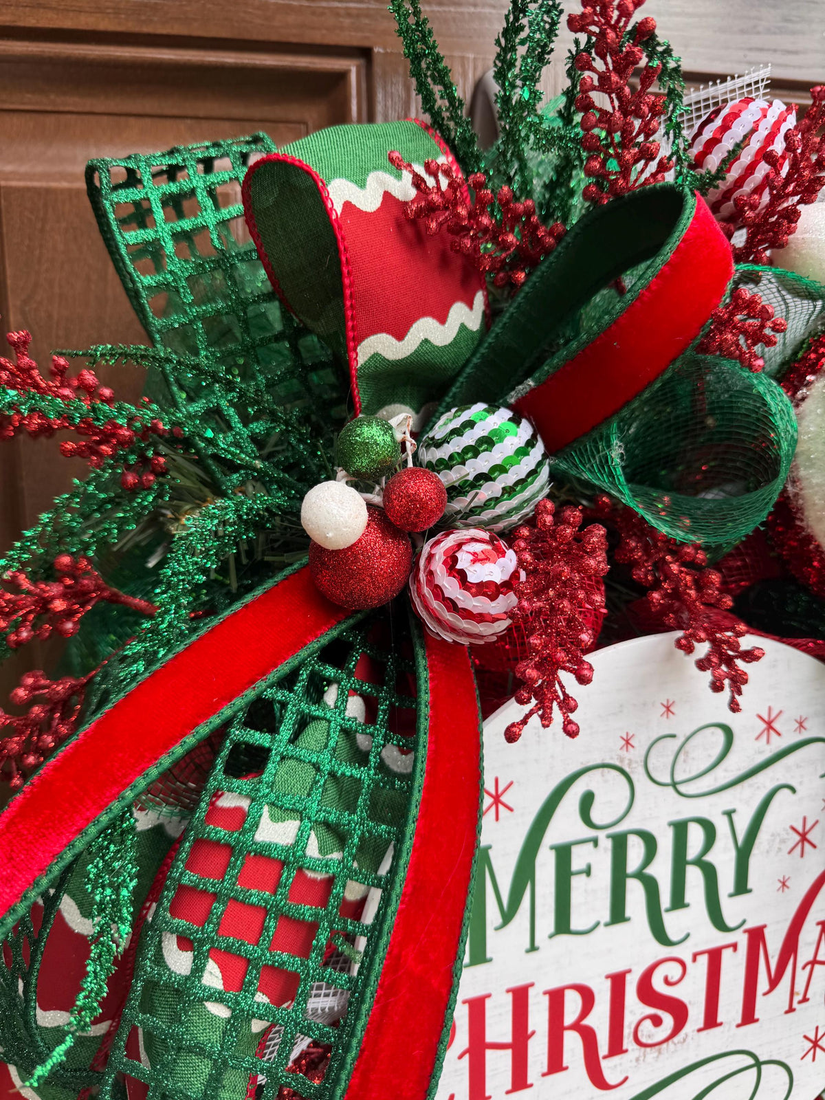 Whimsical Christmas Wreath, Red Green White Ornament Wreath, Merry Christmas Front Door Wreath, Large Holiday Wreath