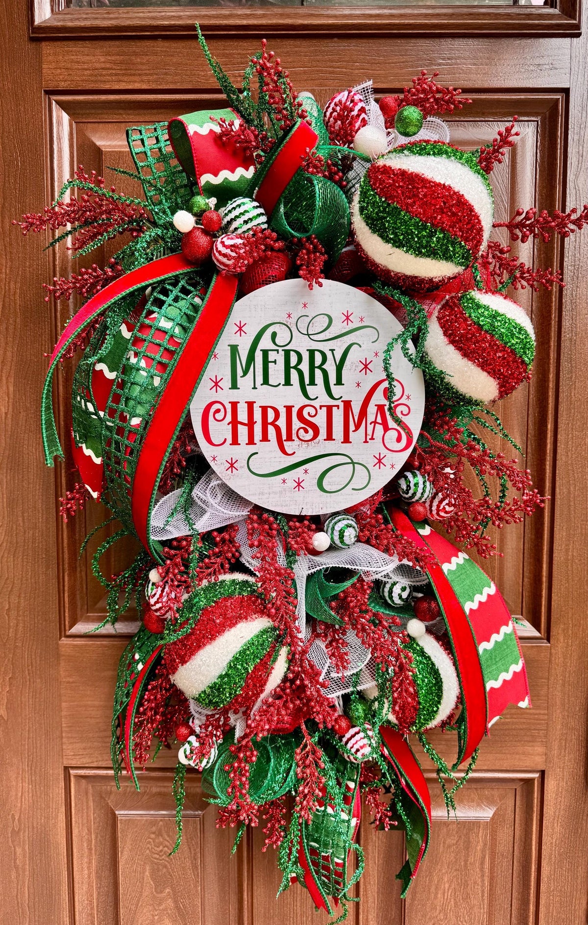 Whimsical Christmas Wreath, Red Green White Ornament Wreath, Merry Christmas Front Door Wreath, Large Holiday Wreath