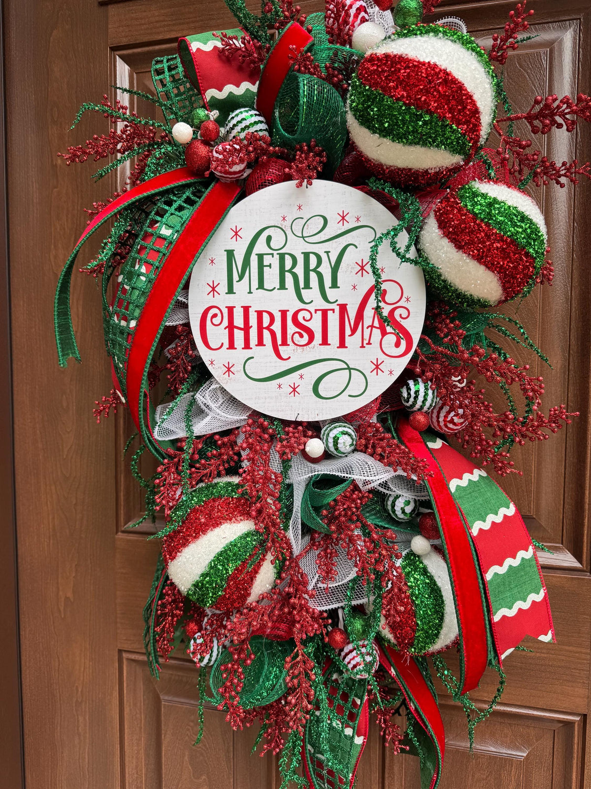 Whimsical Christmas Wreath, Red Green White Ornament Wreath, Merry Christmas Front Door Wreath, Large Holiday Wreath