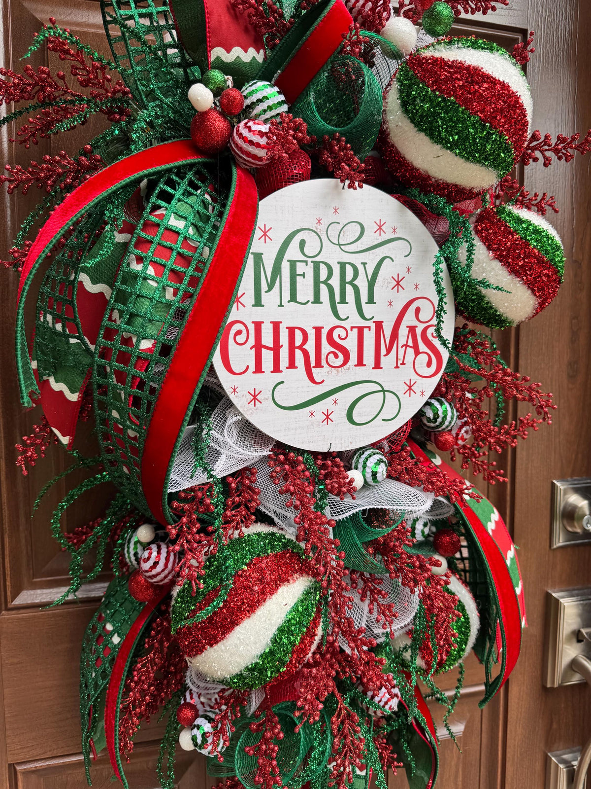 Whimsical Christmas Wreath, Red Green White Ornament Wreath, Merry Christmas Front Door Wreath, Large Holiday Wreath
