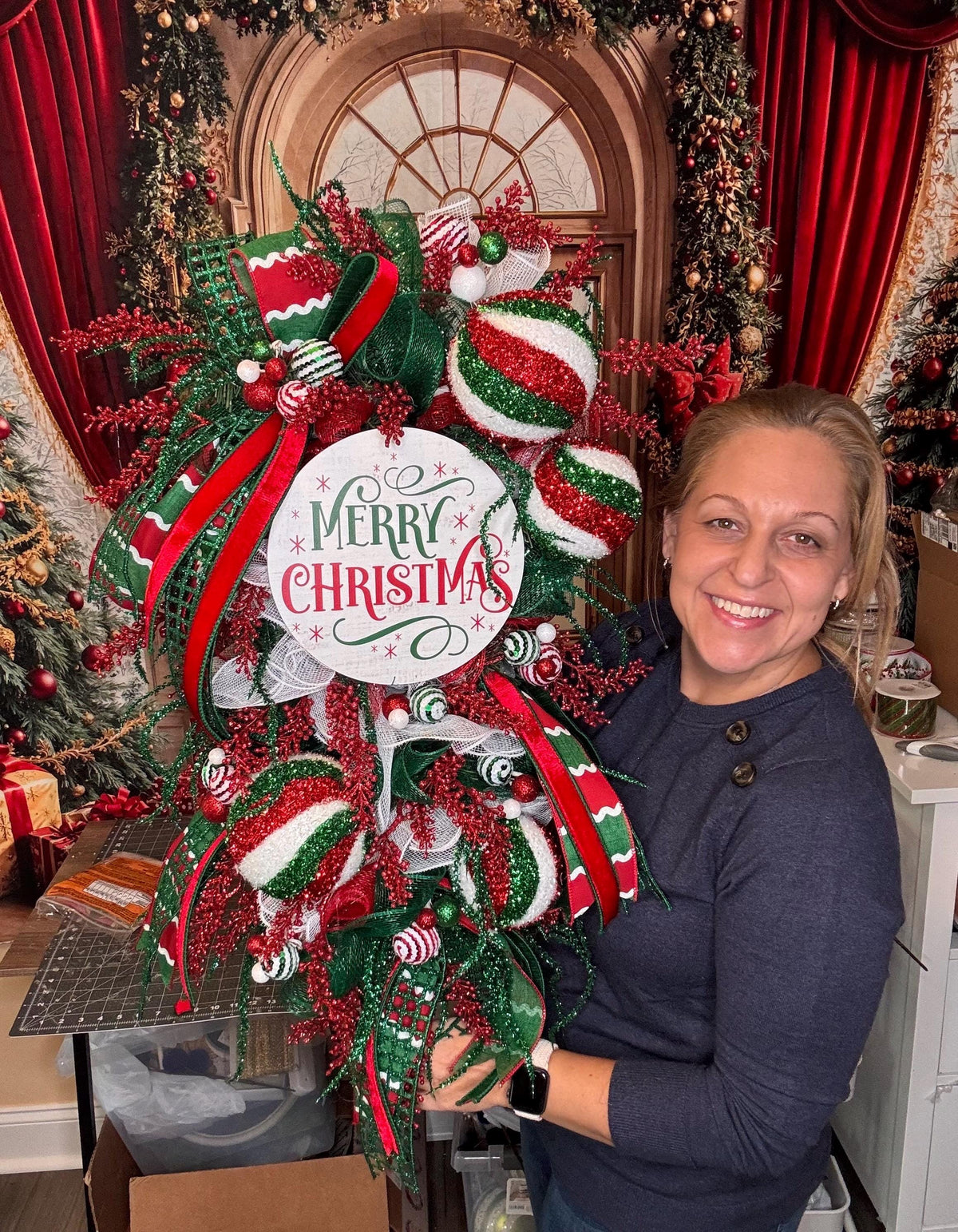 Whimsical Christmas Wreath, Red Green White Ornament Wreath, Merry Christmas Front Door Wreath, Large Holiday Wreath