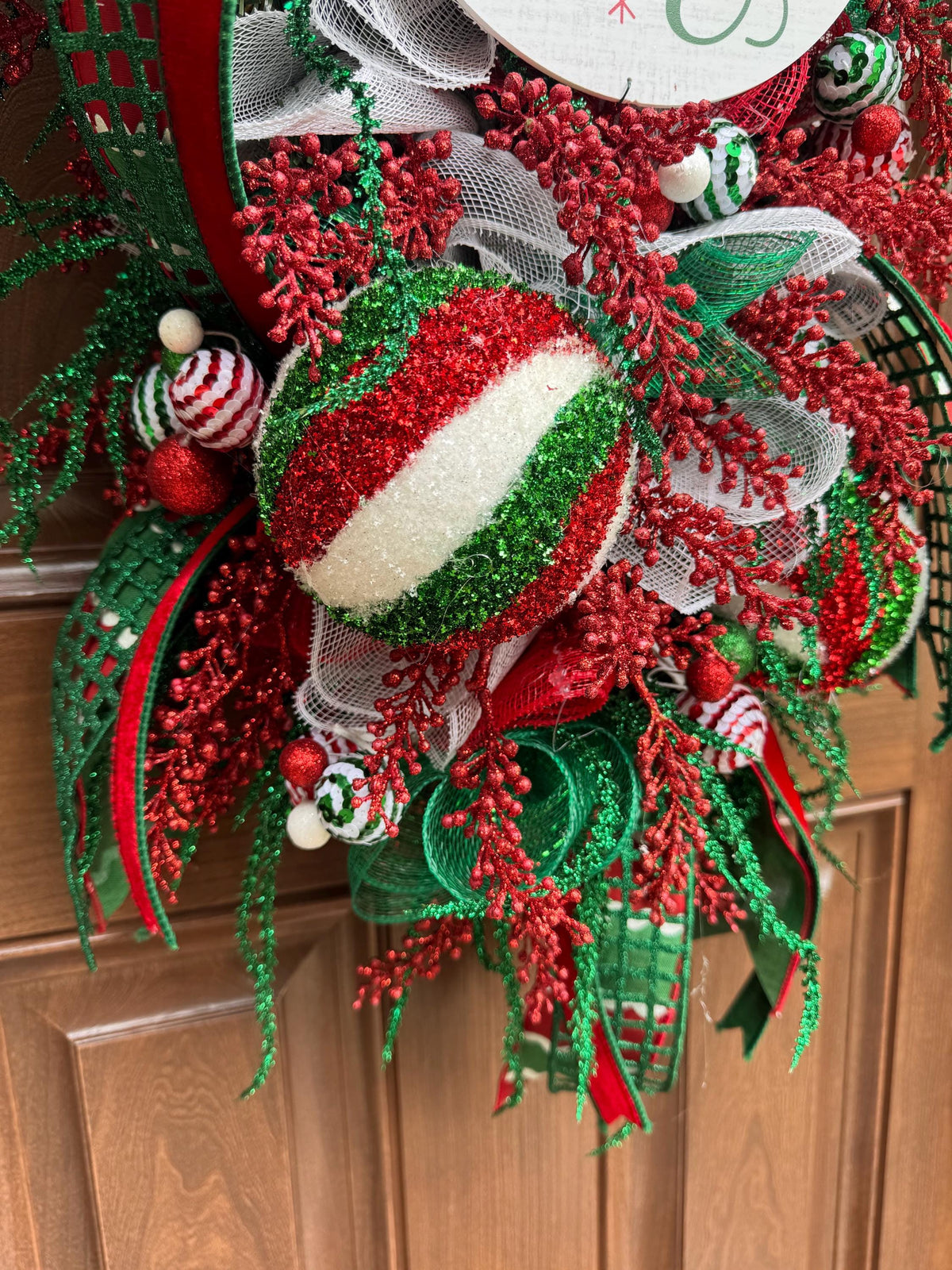 Whimsical Christmas Wreath, Red Green White Ornament Wreath, Merry Christmas Front Door Wreath, Large Holiday Wreath