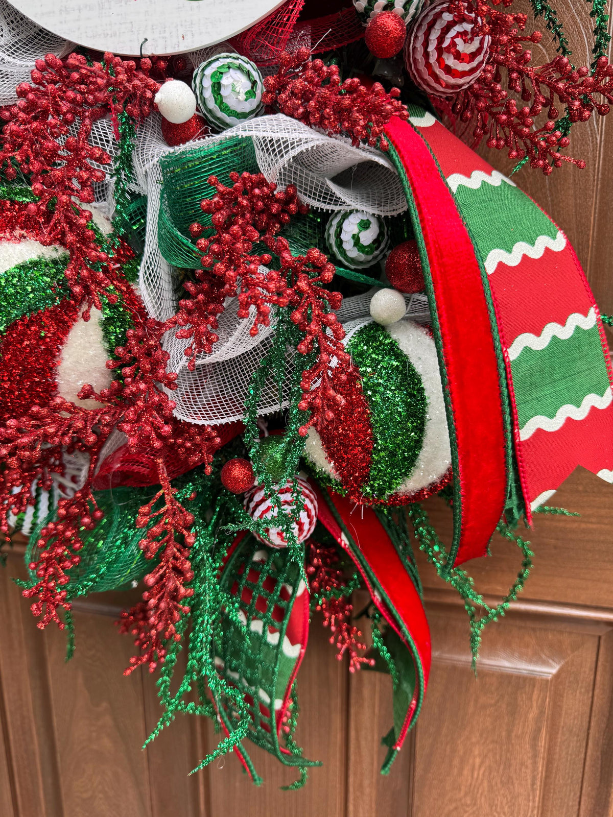 Whimsical Christmas Wreath, Red Green White Ornament Wreath, Merry Christmas Front Door Wreath, Large Holiday Wreath