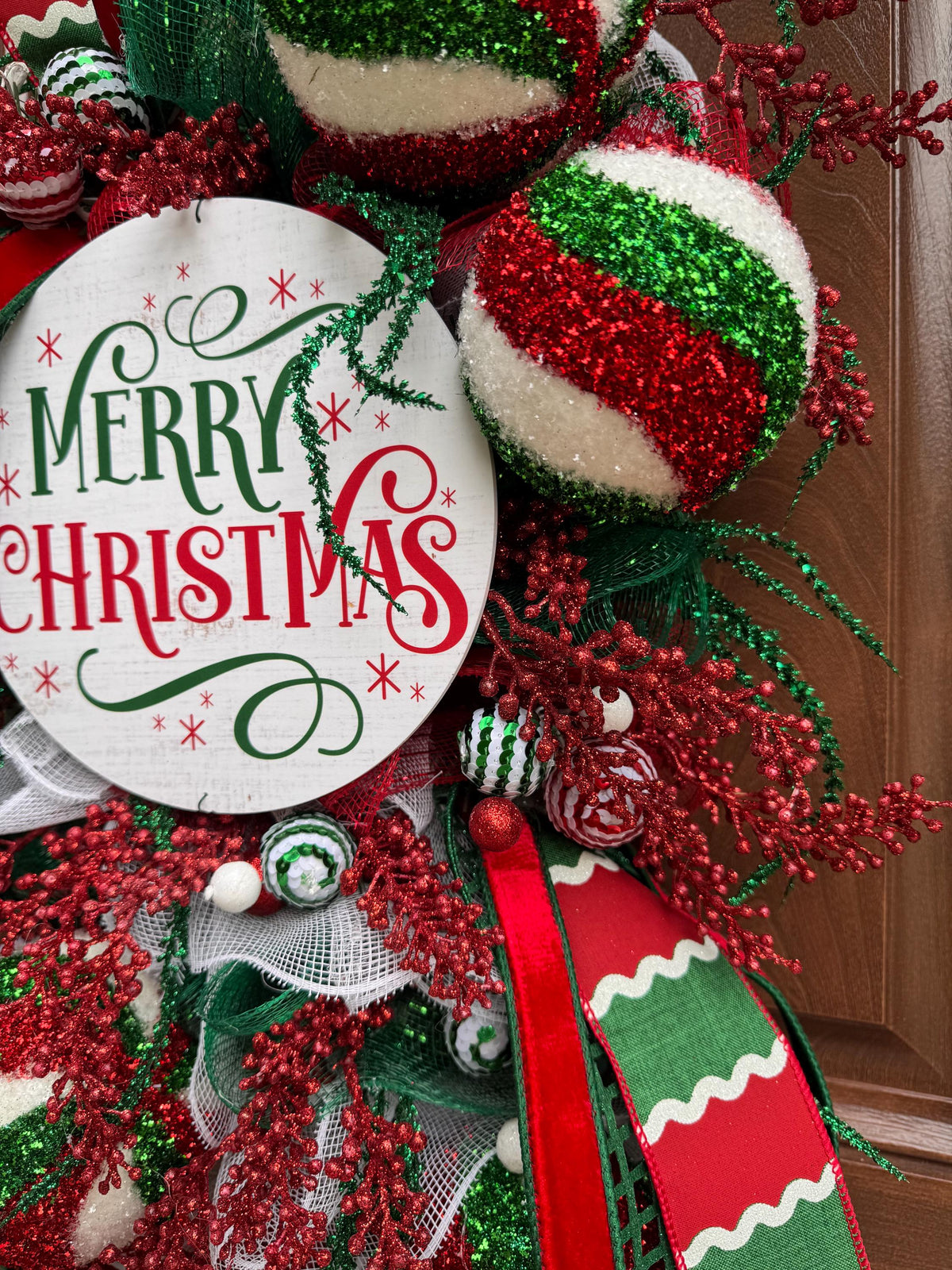 Whimsical Christmas Wreath, Red Green White Ornament Wreath, Merry Christmas Front Door Wreath, Large Holiday Wreath