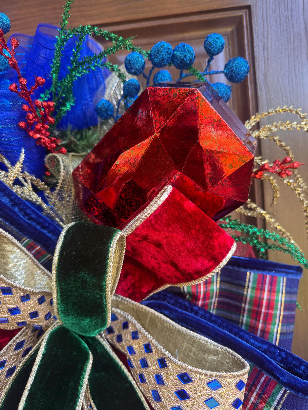 Nutcracker Christmas Wreath, Red Blue Gold Wreath, Festive Jewel Christmas Decor, Luxury Holiday Front Door Wreath