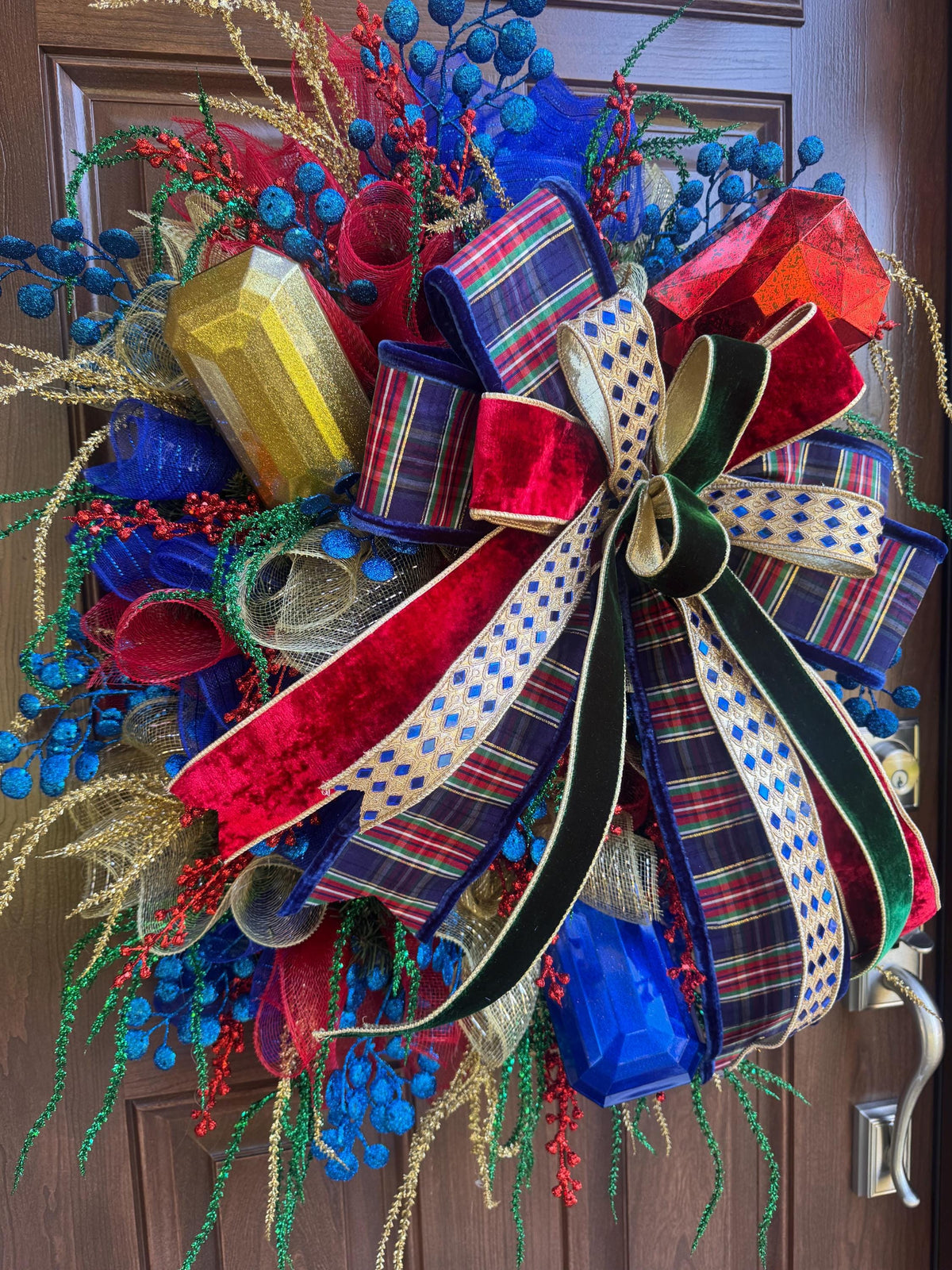 Nutcracker Christmas Wreath, Red Blue Gold Wreath, Festive Jewel Christmas Decor, Luxury Holiday Front Door Wreath