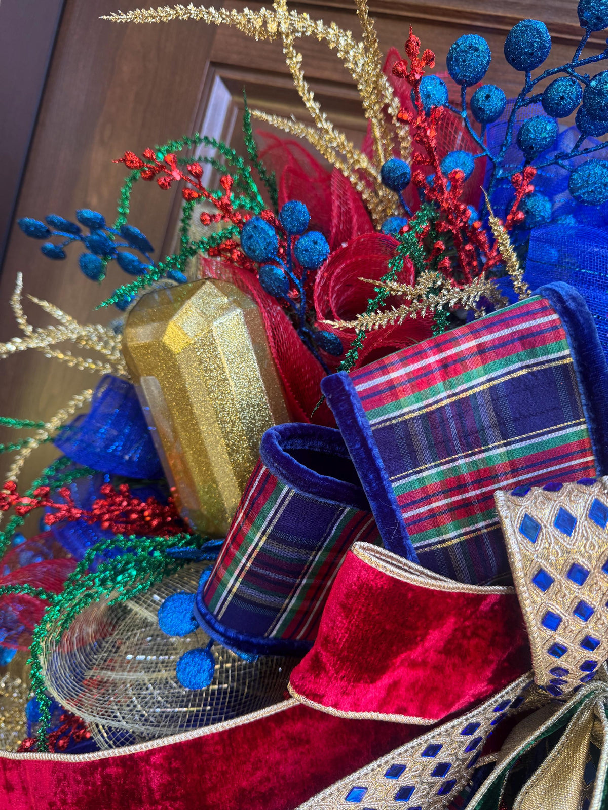 Nutcracker Christmas Wreath, Red Blue Gold Wreath, Festive Jewel Christmas Decor, Luxury Holiday Front Door Wreath