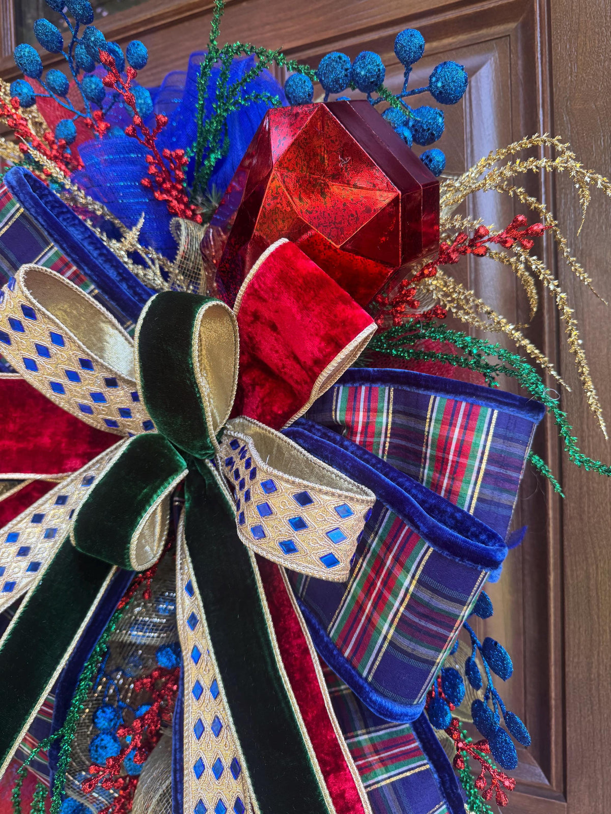 Nutcracker Christmas Wreath, Red Blue Gold Wreath, Festive Jewel Christmas Decor, Luxury Holiday Front Door Wreath