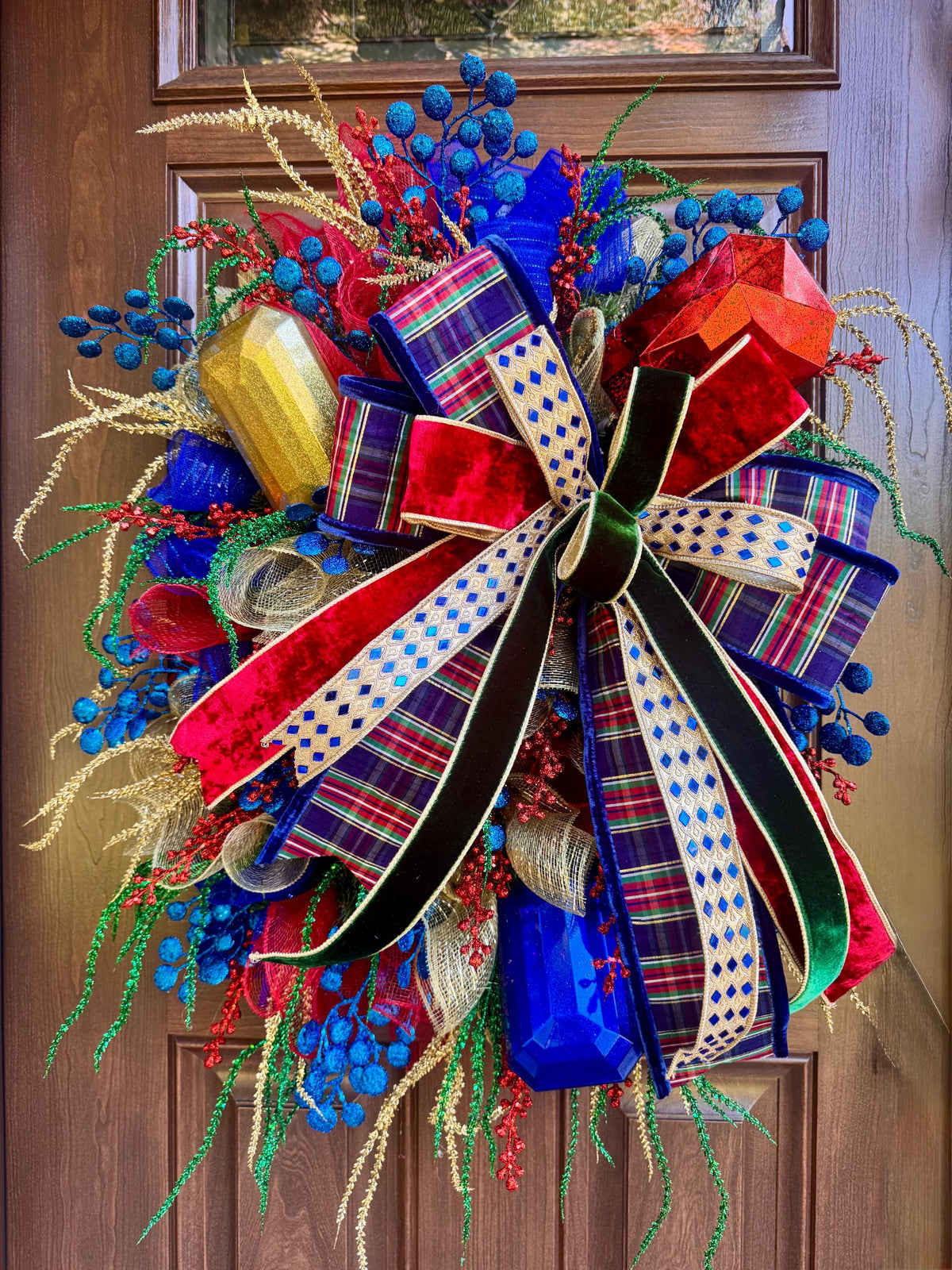 Nutcracker Christmas Wreath, Red Blue Gold Wreath, Festive Jewel Christmas Decor, Luxury Holiday Front Door Wreath