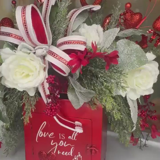 Valentine’s Red Mailbox Floral Arrangement | Love Is All You Need Decor | Romantic Valentine Centerpiece | Handmade Home Decor