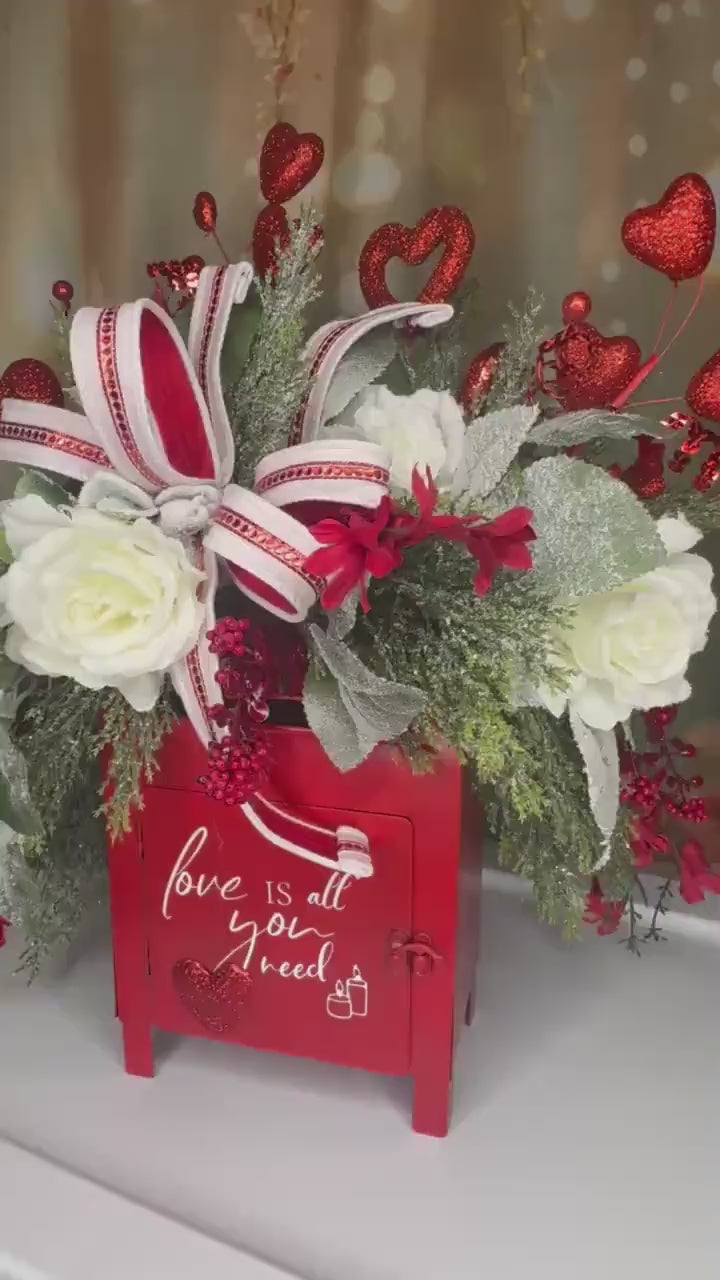 Valentine’s Red Mailbox Floral Arrangement | Love Is All You Need Decor | Romantic Valentine Centerpiece | Handmade Home Decor