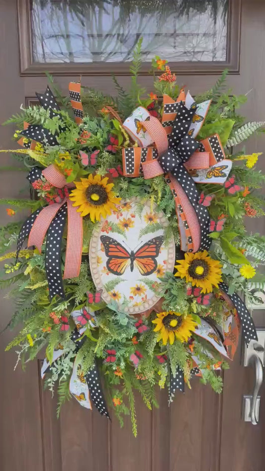 Monarch Butterfly Wreath, Spring Home Decor for Outdoor Porch, Floral Butterfly Decor, Everyday Wreath Birthday Gift for Her Mom