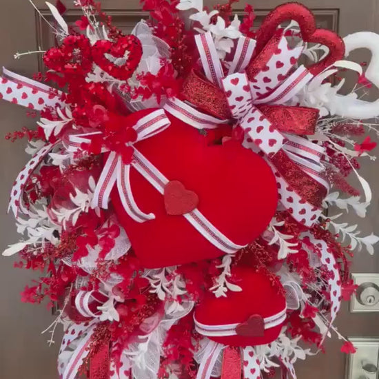 Valentine’s Day Heart Wreath, Red and White Front Door Decor, Love Theme Hanger, Romantic Handmade Gift Idea