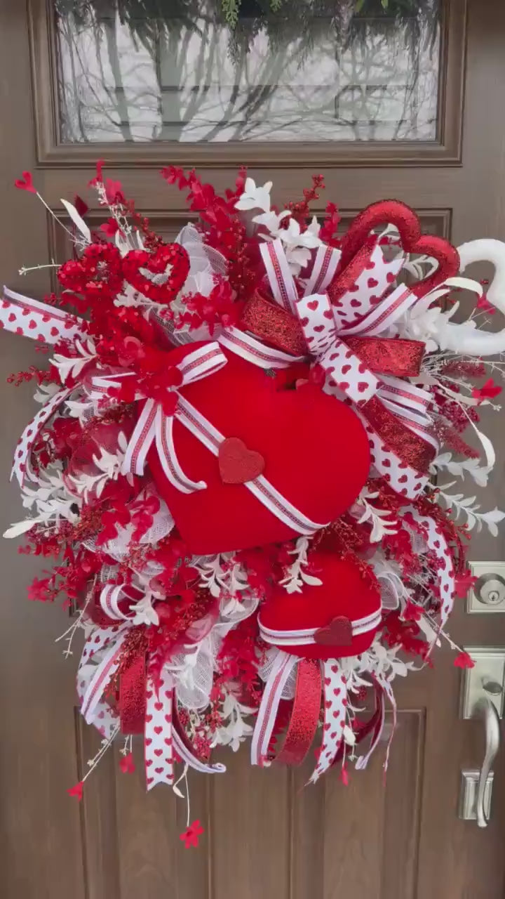 Valentine’s Day Heart Wreath, Red and White Front Door Decor, Love Theme Hanger, Romantic Handmade Gift Idea