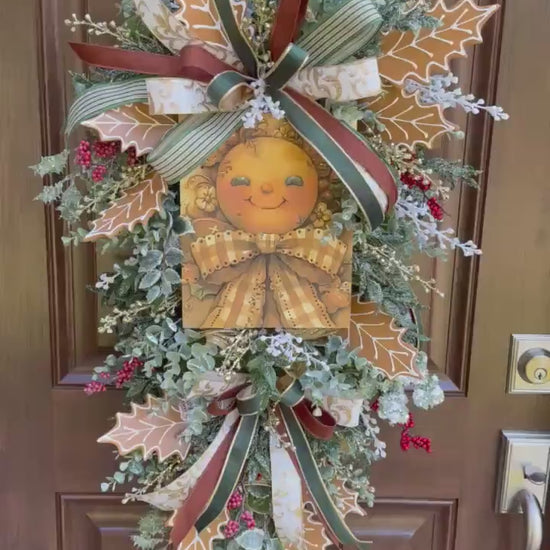 Gingerbread Christmas Wreath, Holiday Door Swag, Rustic Farmhouse Front Porch Décor, Winter Country Wall Hanging