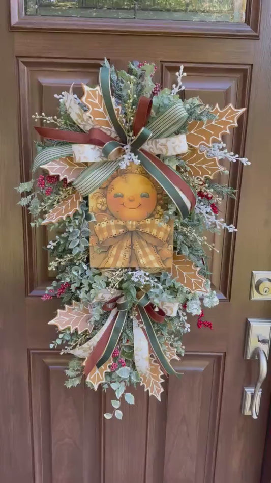 Gingerbread Christmas Wreath, Holiday Door Swag, Rustic Farmhouse Front Porch Décor, Winter Country Wall Hanging