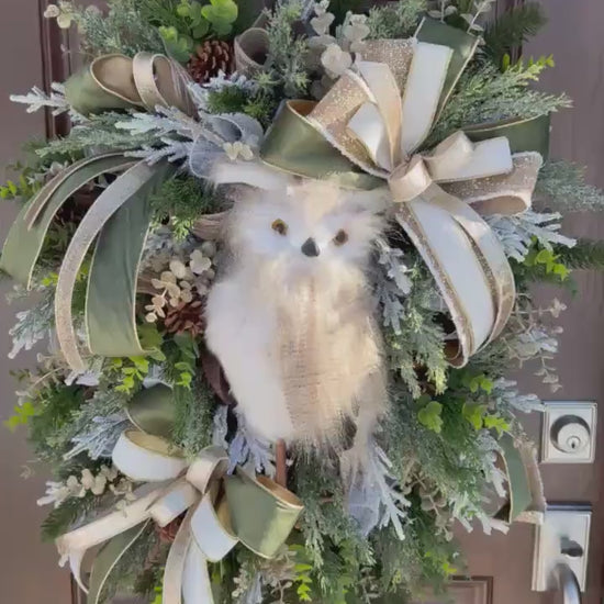 Rustic Winter Owl Wreath, Luxury Holiday Wall Hanger, Elegant Winter Wedding Centerpiece, Hostess Gift
