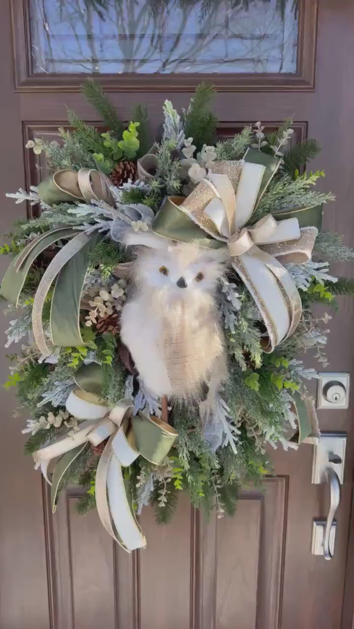 Rustic Winter Owl Wreath, Luxury Holiday Wall Hanger, Elegant Winter Wedding Centerpiece, Hostess Gift